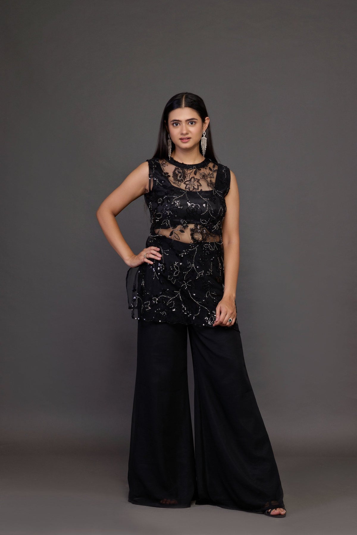 Nisha black sheer sequin tunic and palazzo set - front view