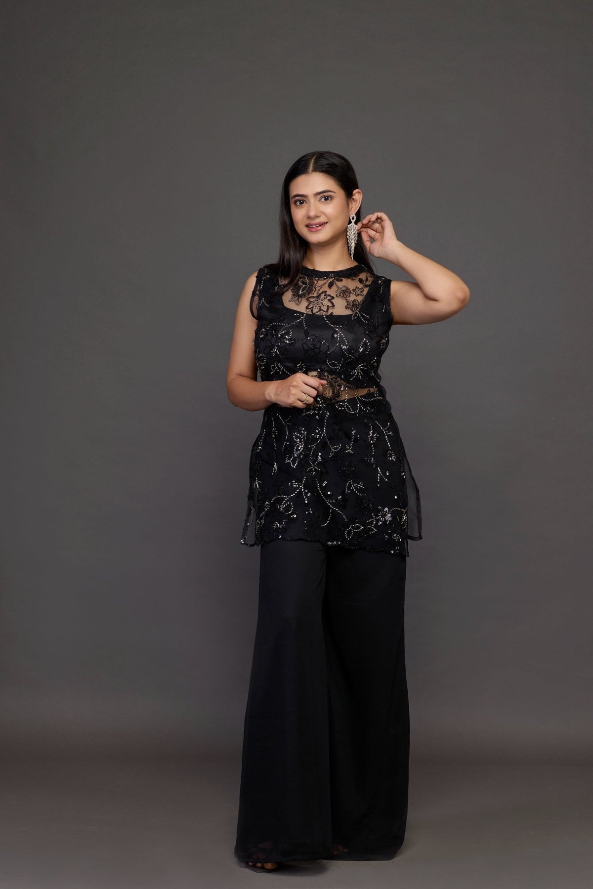Nisha black sheer sequin tunic and palazzo set - detail view