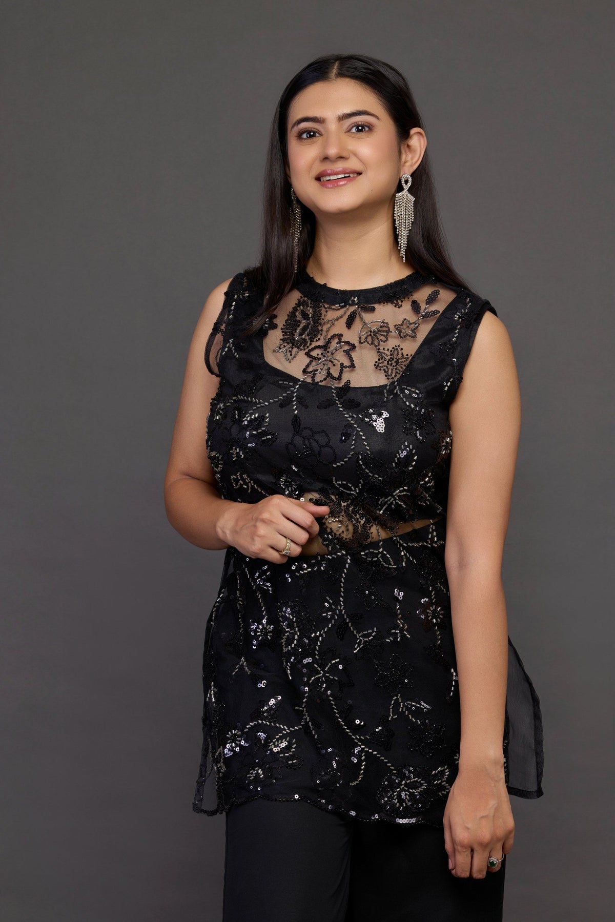 Nisha black sheer sequin tunic and palazzo set - back view
