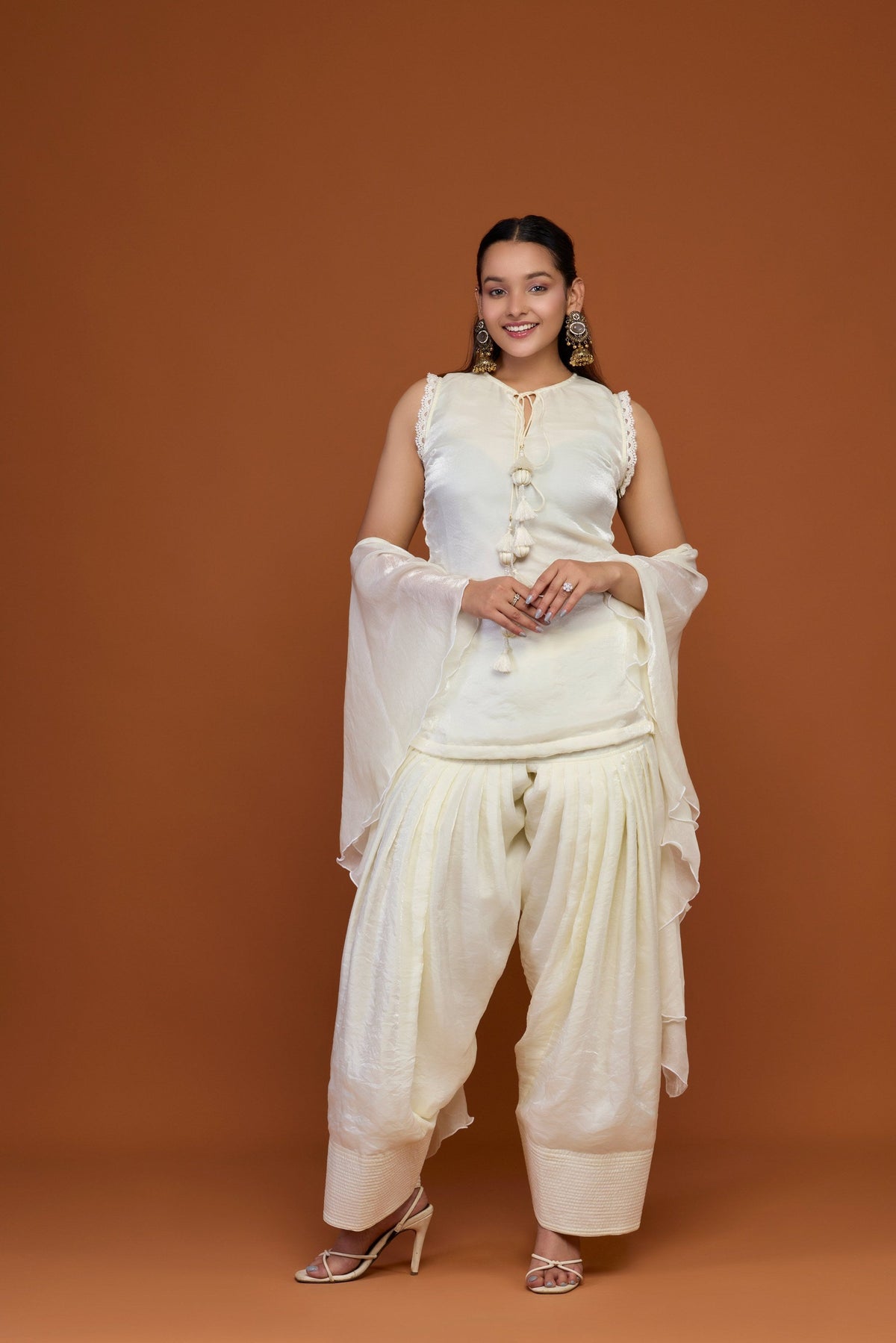 Gauri ivory tissue tassel top with patiala and organza dupatta - front view