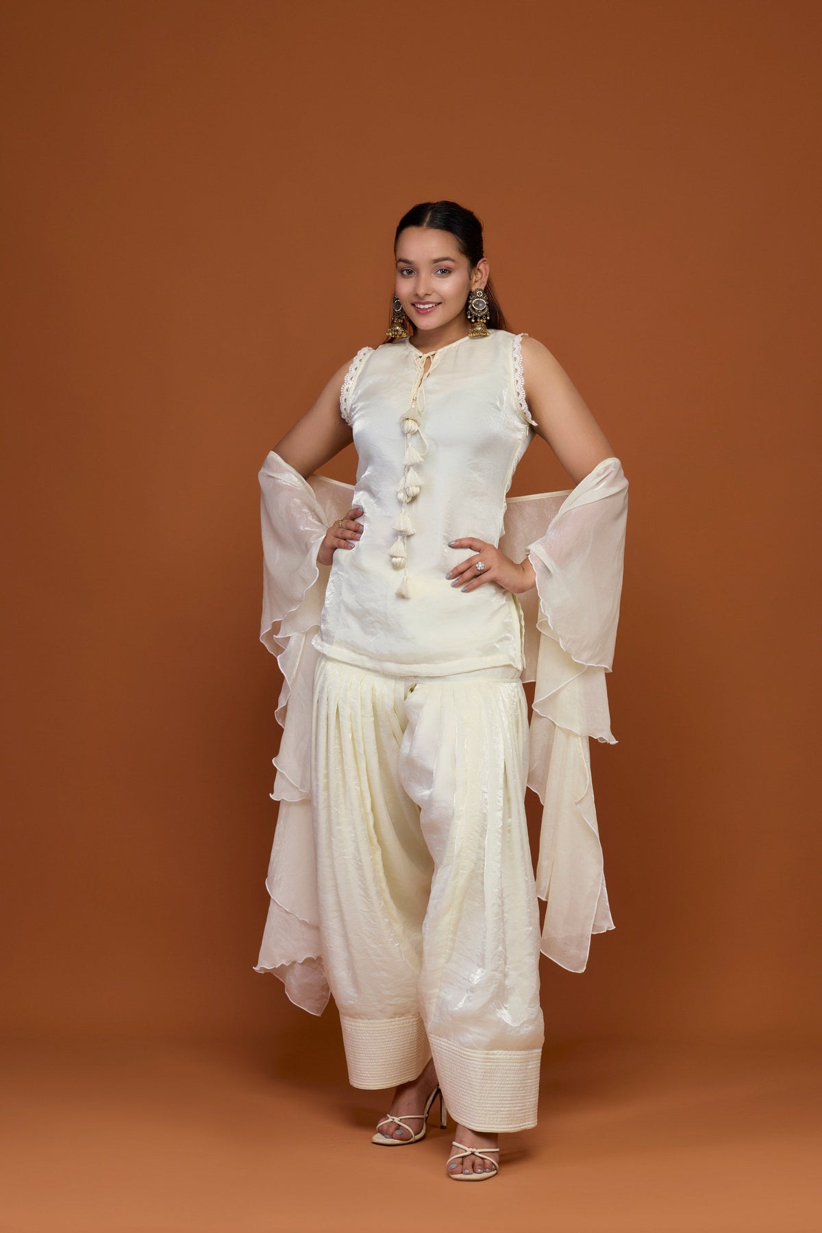 Gauri ivory tissue tassel top with patiala and organza dupatta - side view
