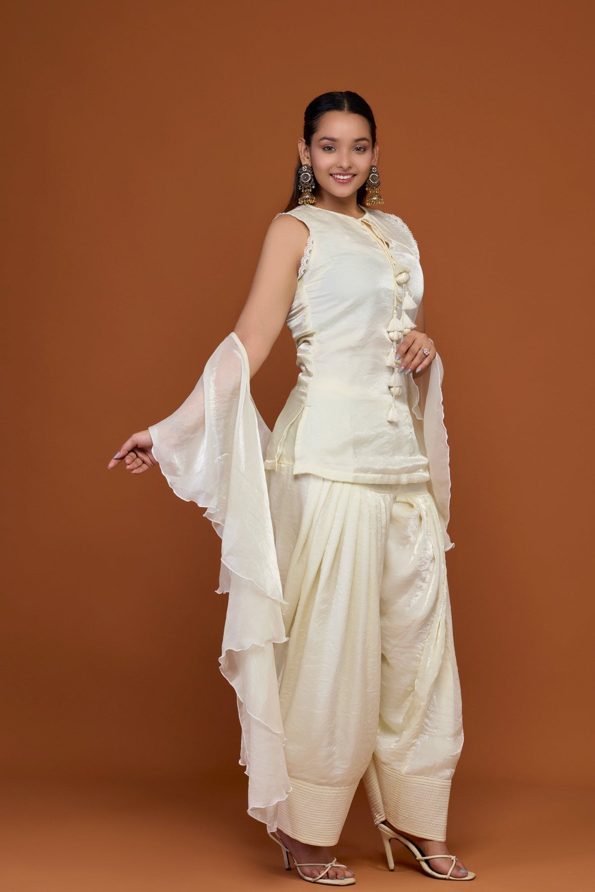 Gauri ivory tissue tassel top with patiala and organza dupatta - back view