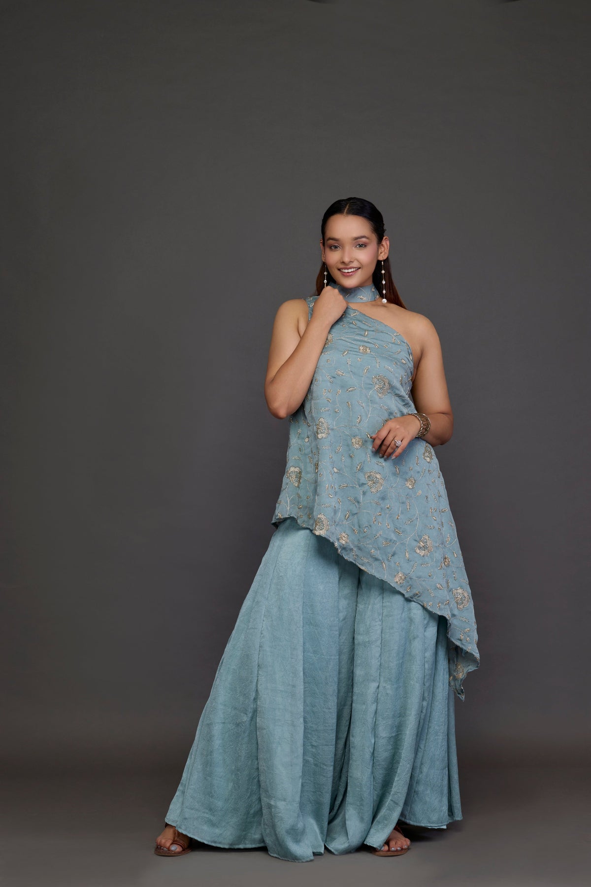 Indira Powder Blue One-Shoulder Kurta Set - detail