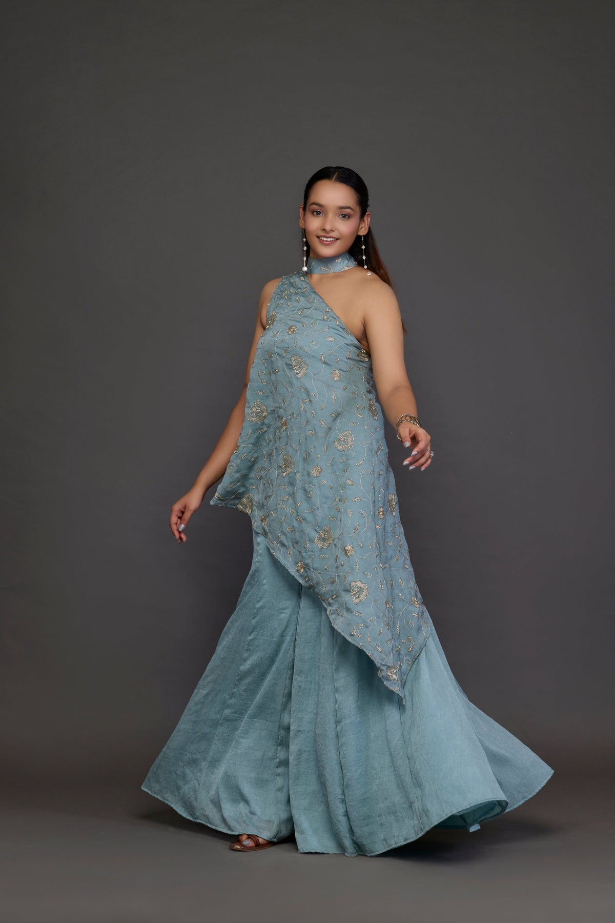 Indira Powder Blue One-Shoulder Kurta Set - movement