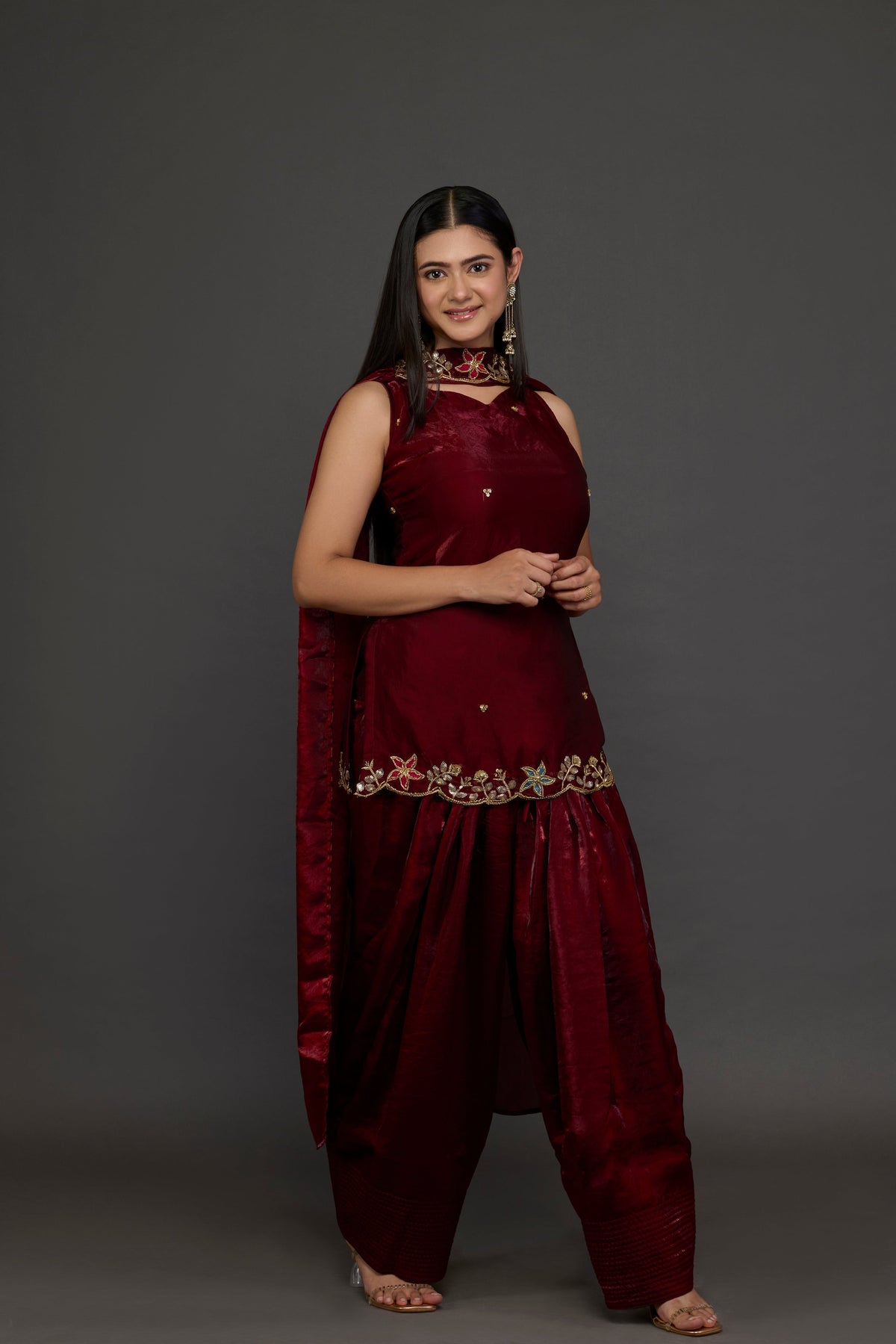 Kumkum wine tissue kurta set - side drape view