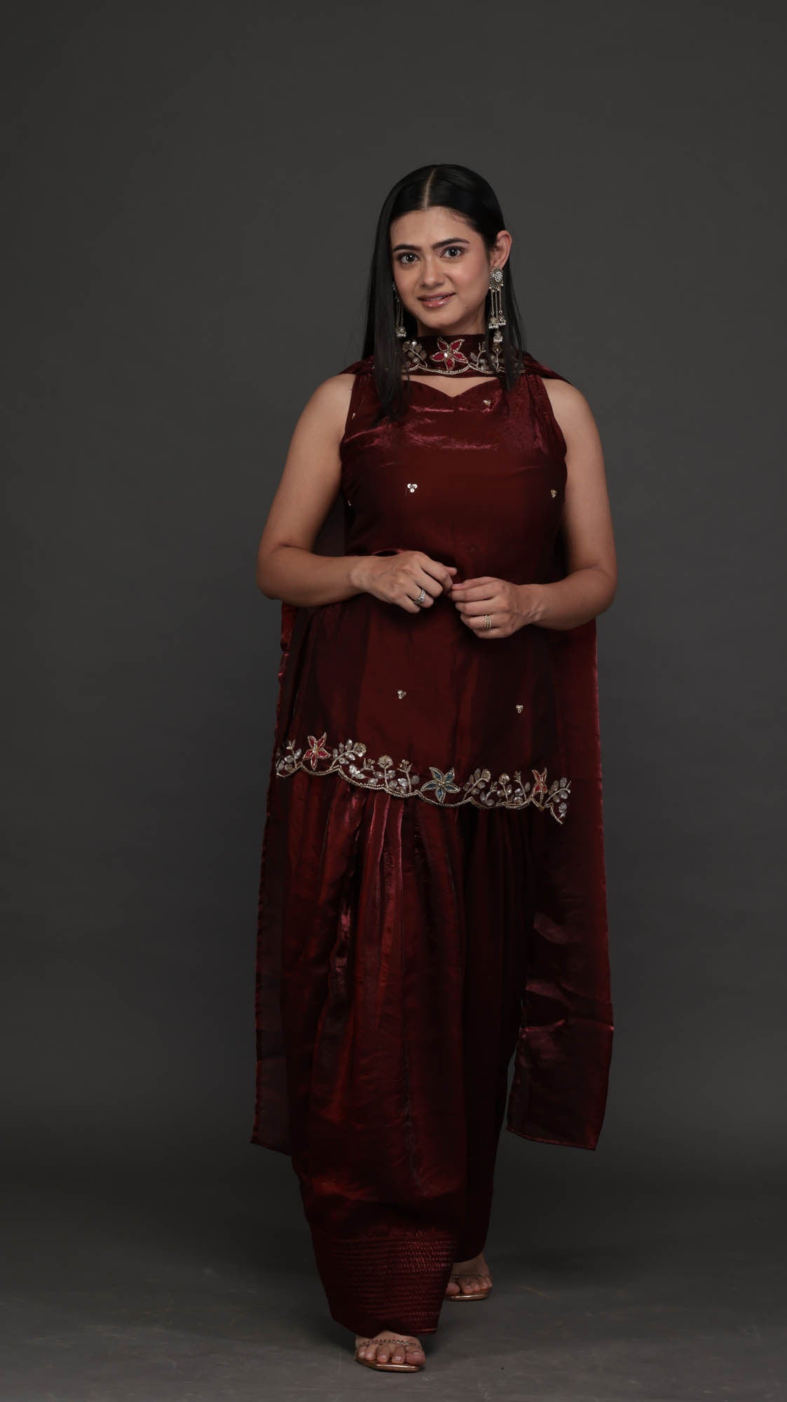 Kumkum wine tissue kurta set - full front