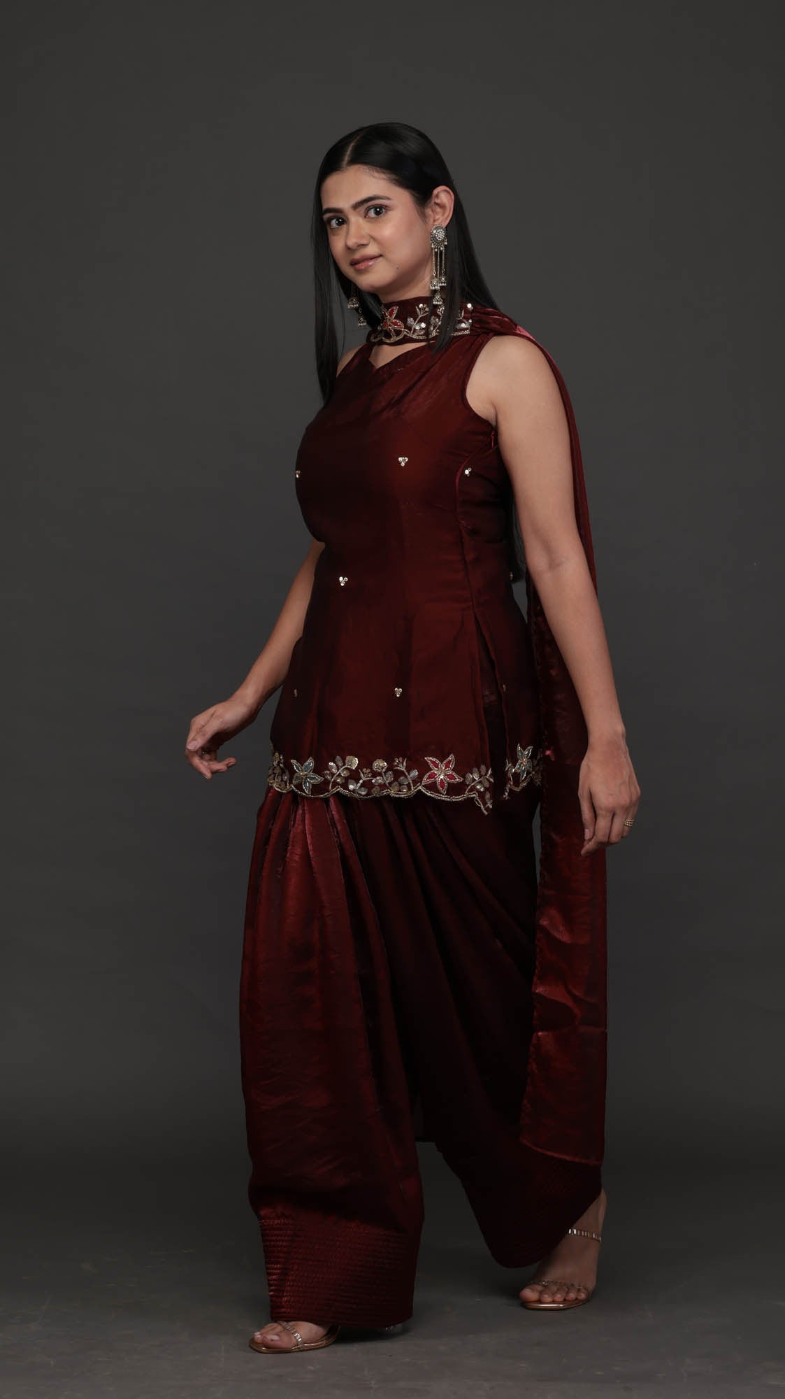 Kumkum wine tissue kurta set - profile view