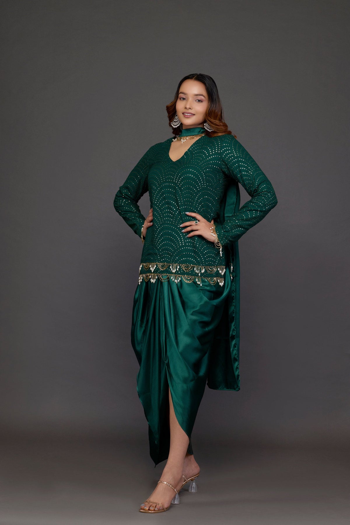 Vanika emerald green sequin kurta set - detail view