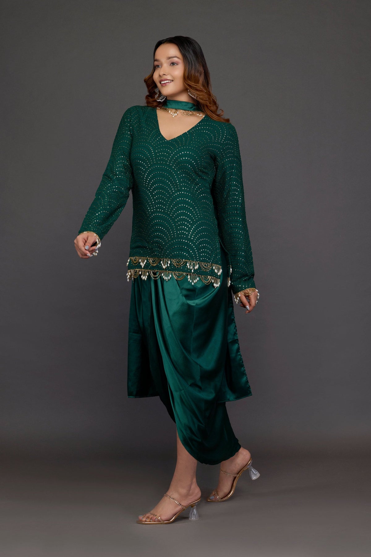Vanika emerald green sequin kurta set - side view