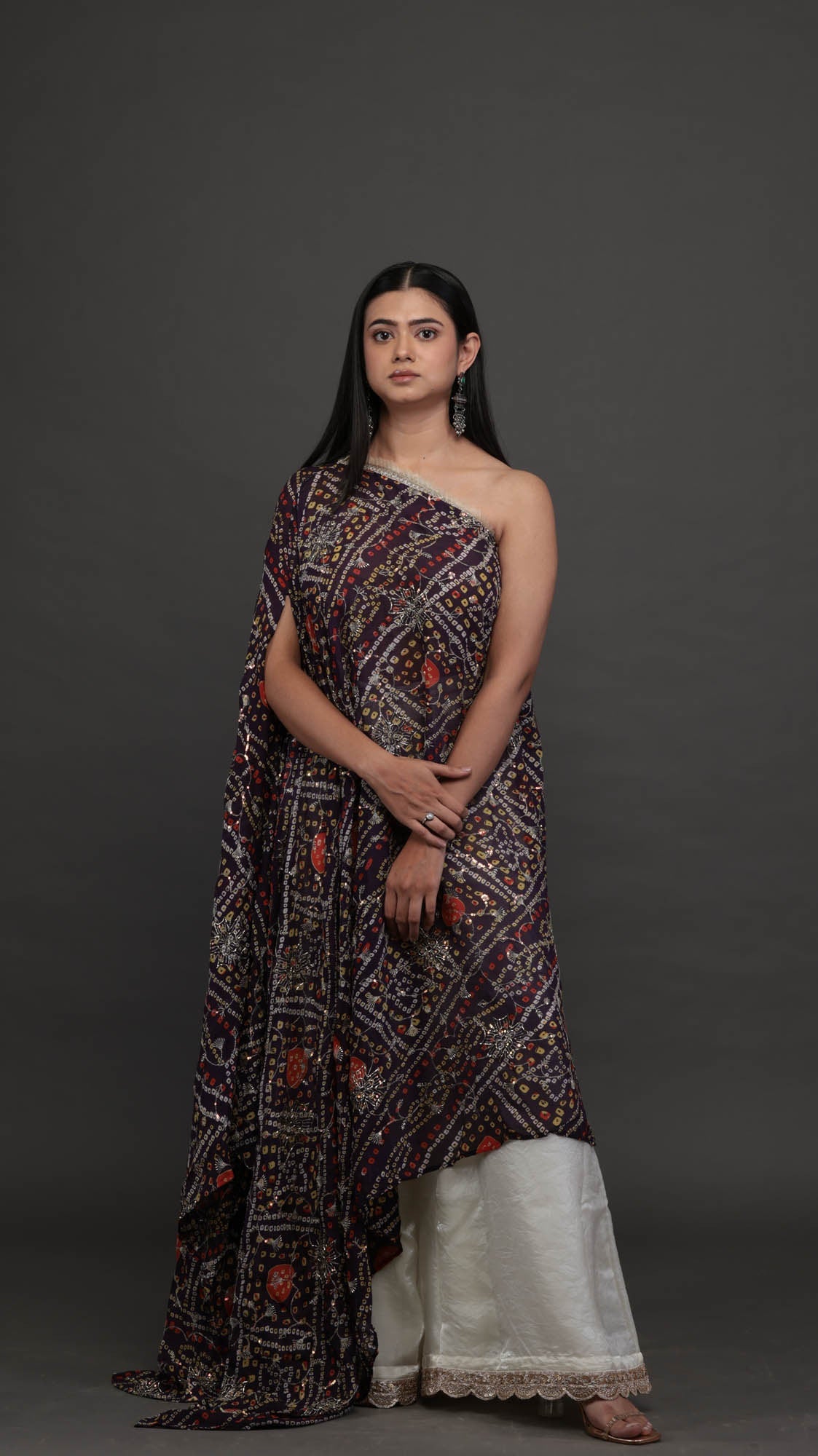 Neelambari bandhani one-shoulder draped top with ivory palazzo - front