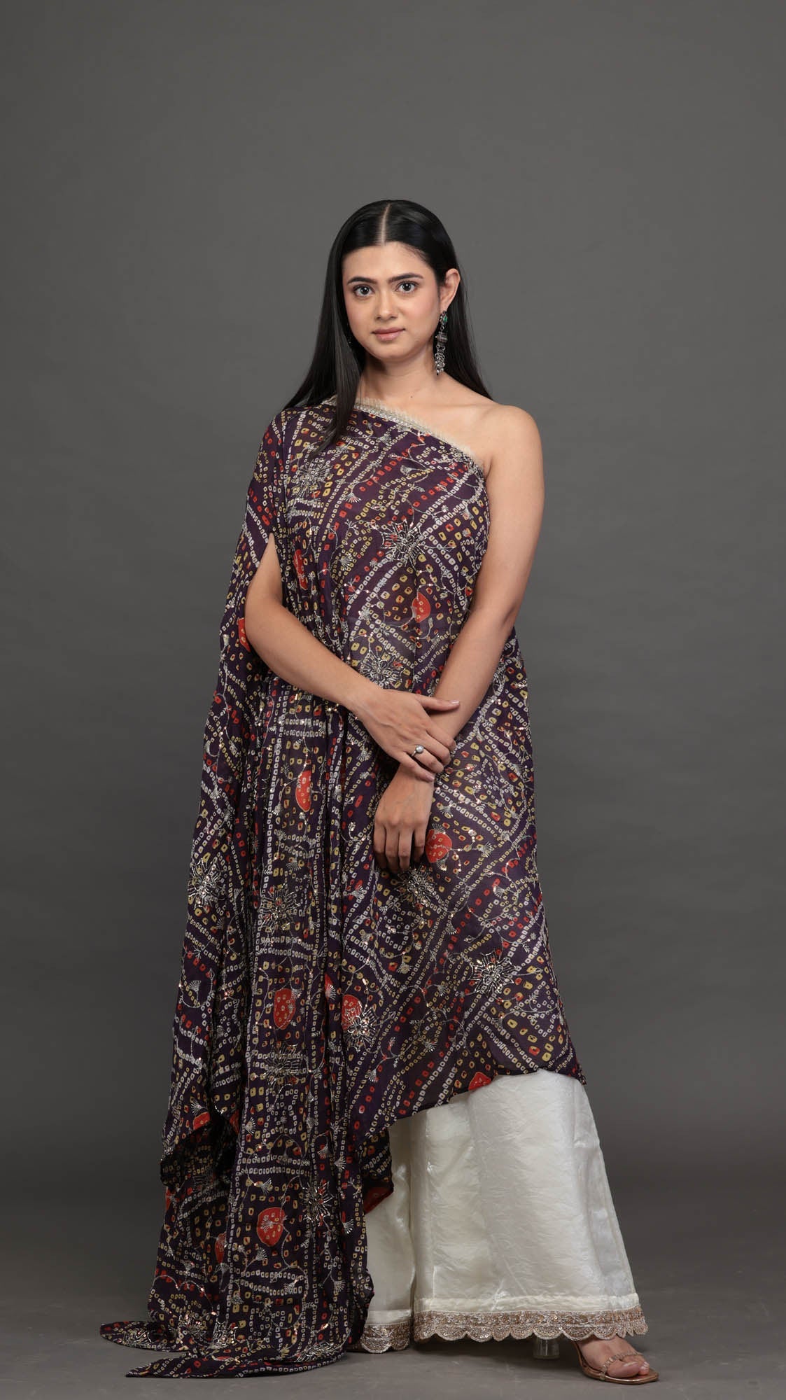 Neelambari bandhani draped set - angled view