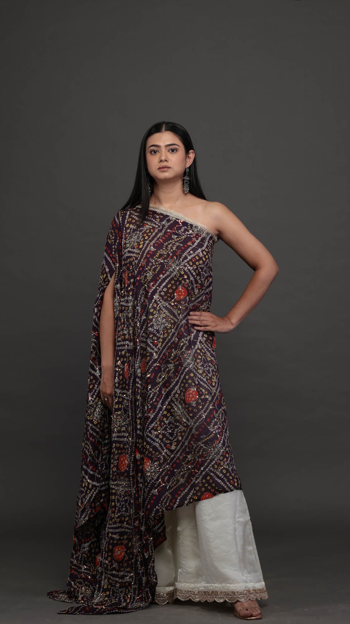 Neelambari bandhani draped set - side view showing trailing drape