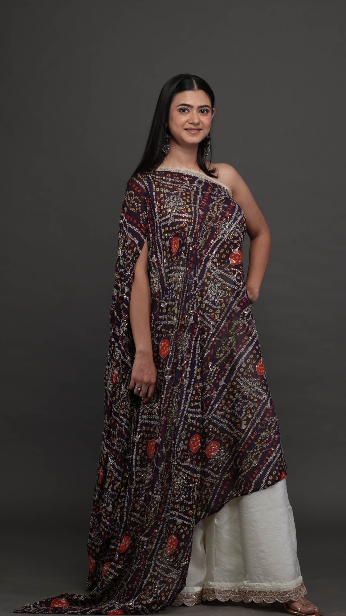 Neelambari bandhani draped set - full length with embroidered detail
