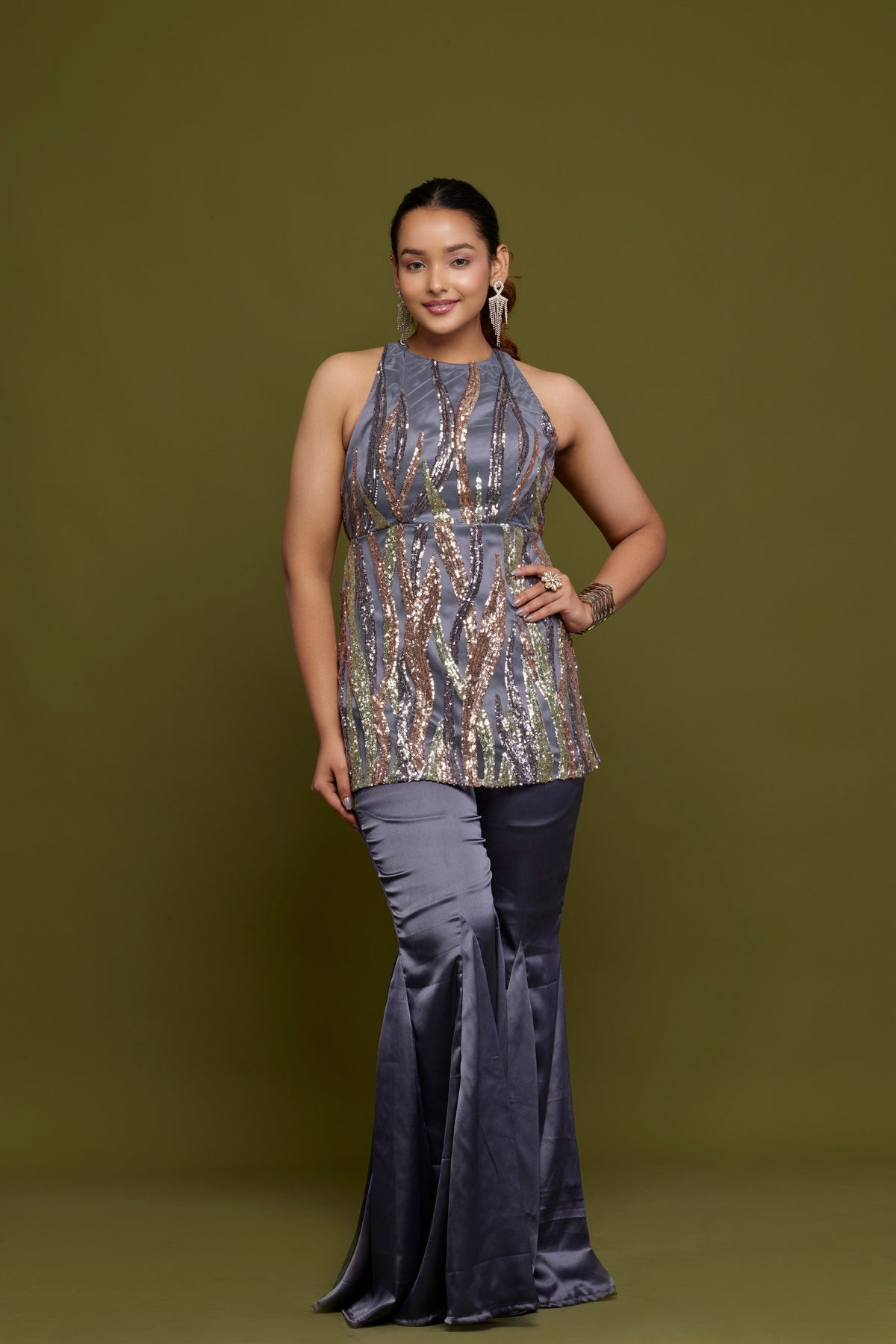 Sitara grey sequin halter top with charcoal satin flared pants - front
