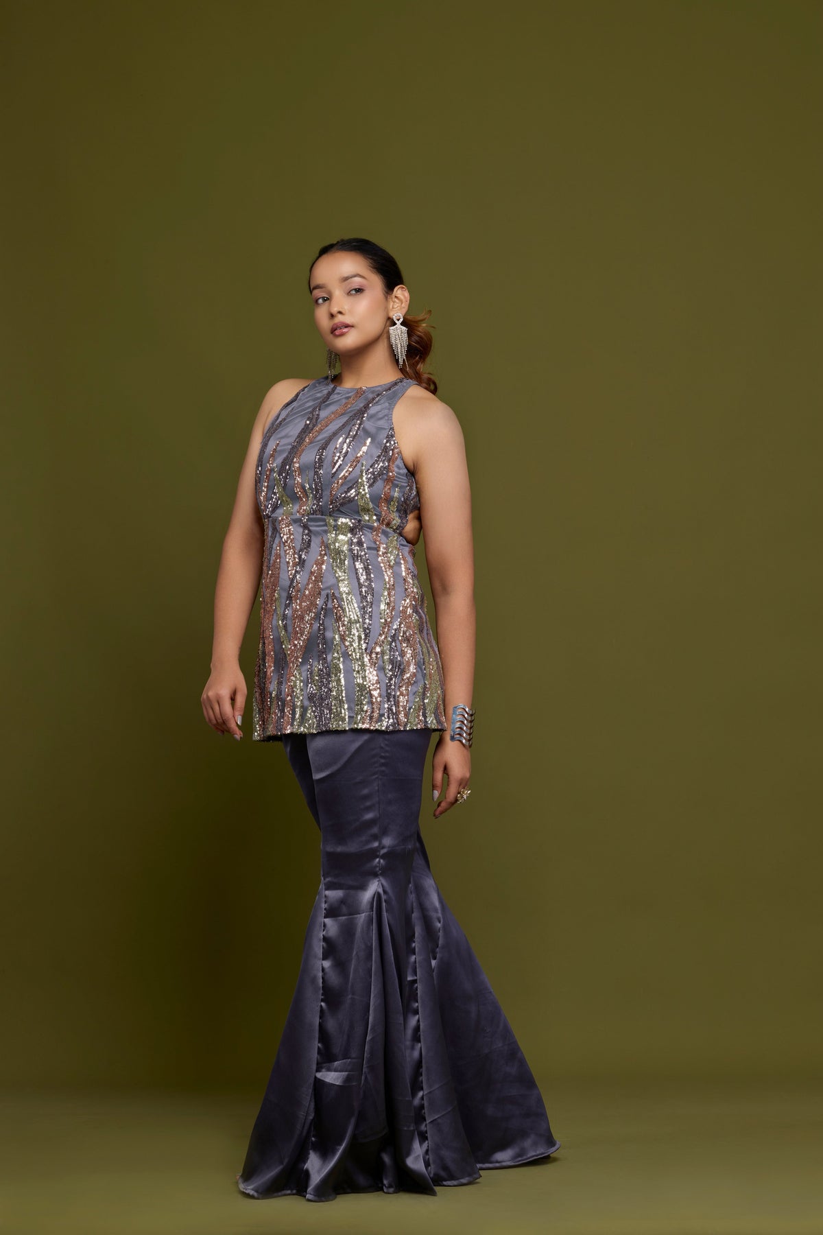 Sitara grey sequin halter set - three-quarter view
