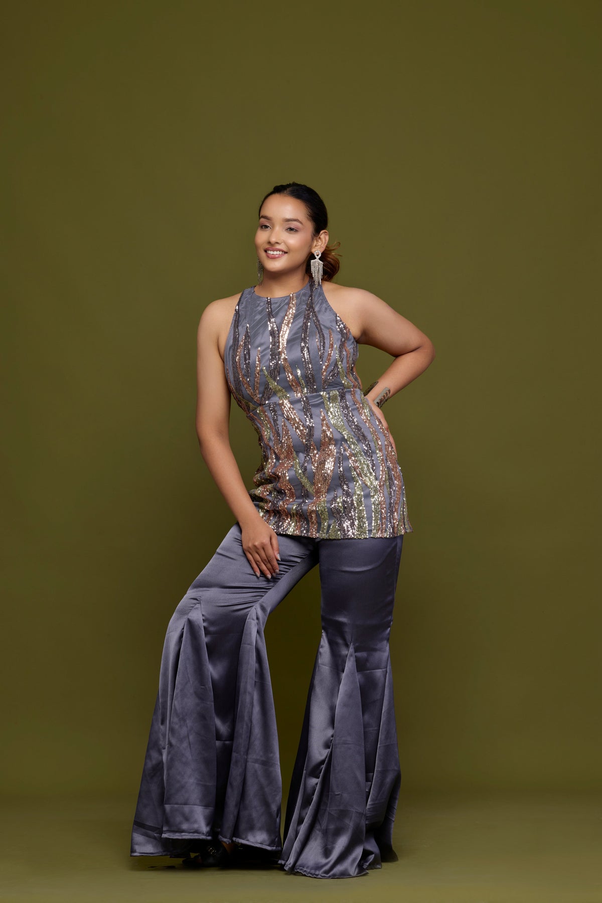 Sitara grey sequin halter set - angled view