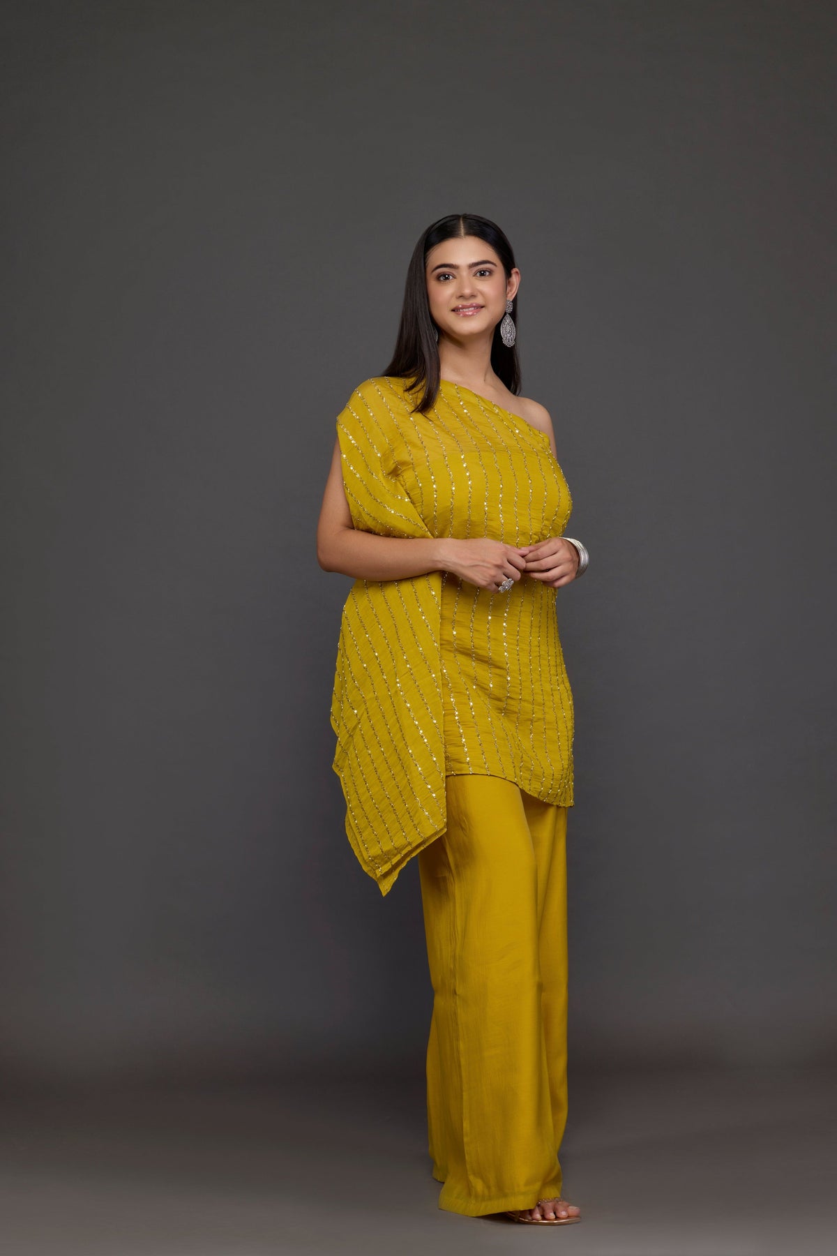 Kanak Kaftan Mustard Sequin One-Shoulder Set - angle