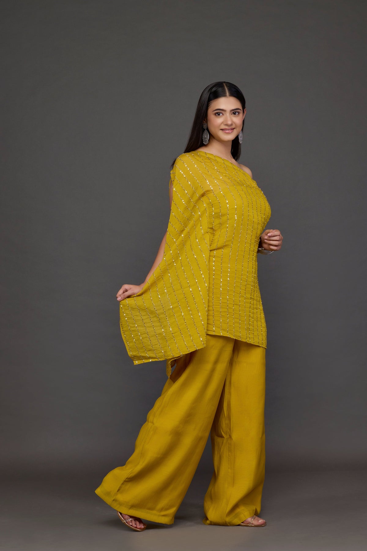 Kanak Kaftan Mustard Sequin One-Shoulder Set - side