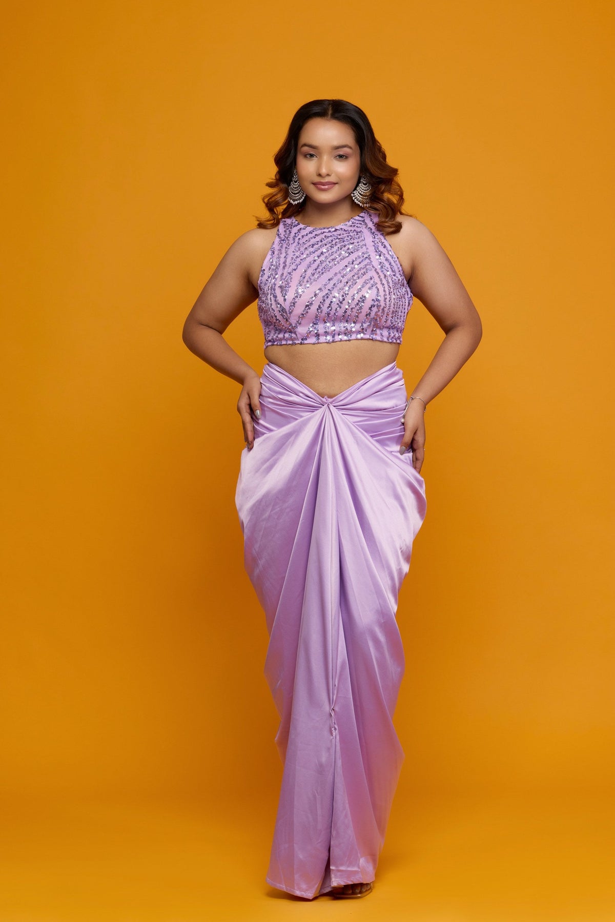 Lavanya Lila lavender sequin halter top with draped satin skirt - front view