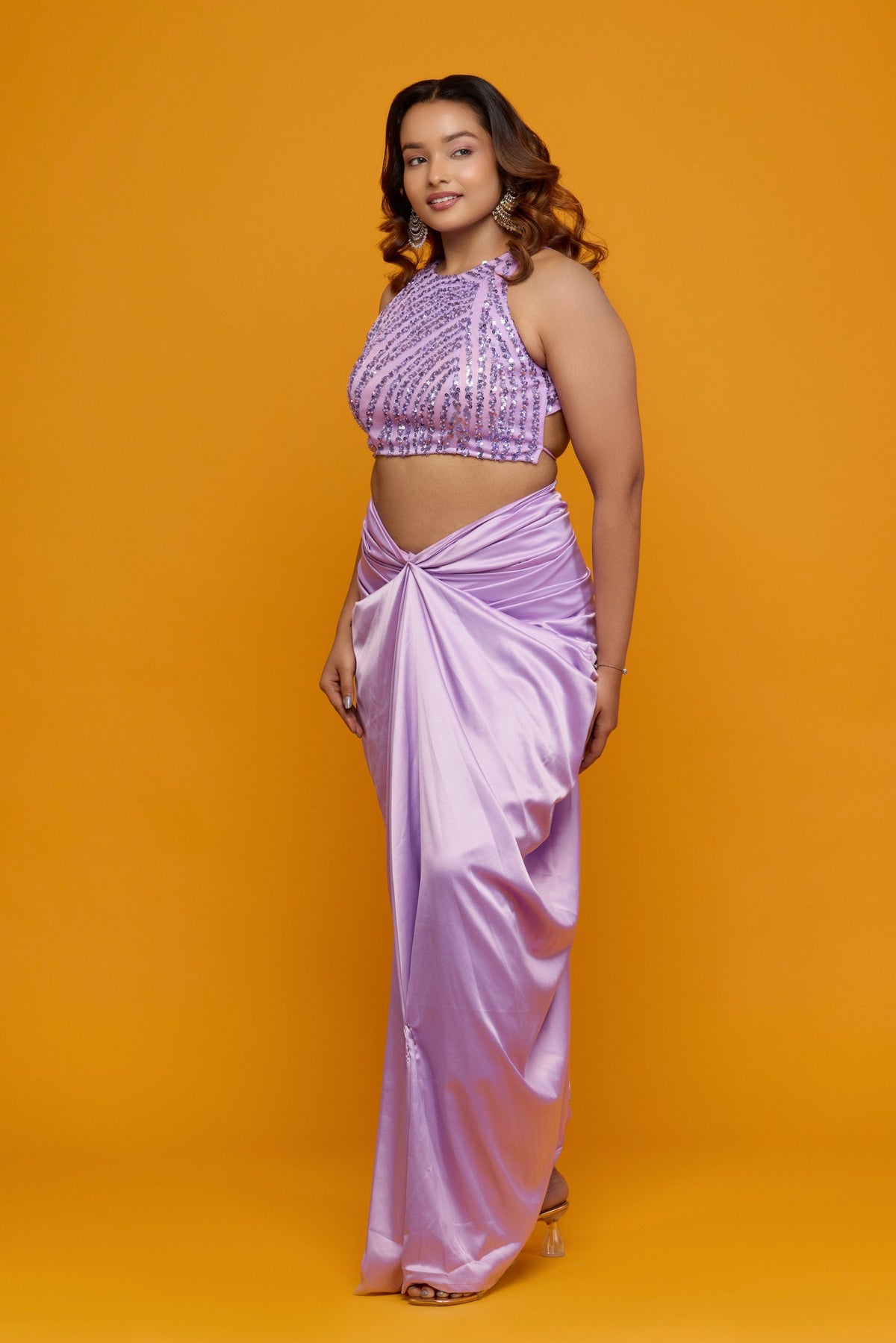 Lavanya Lila lavender sequin halter top with draped satin skirt - detail view
