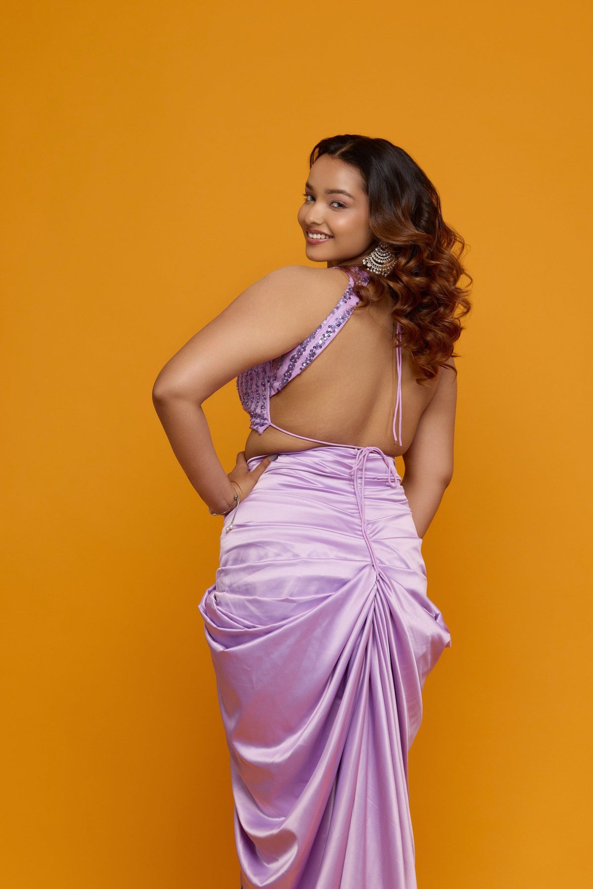 Lavanya Lila lavender sequin halter top with draped satin skirt - back view