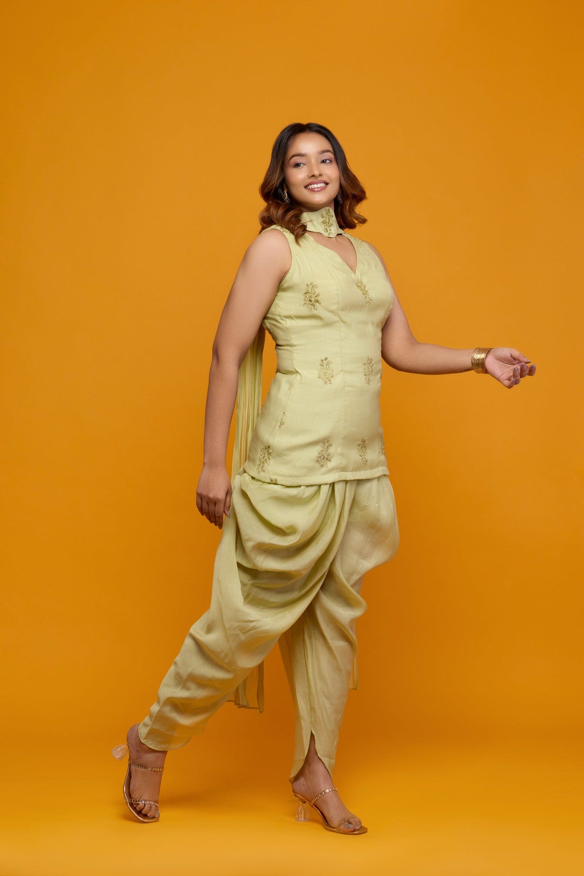 Ziya pistachio green kurti with draped dhoti-style salwar - side view