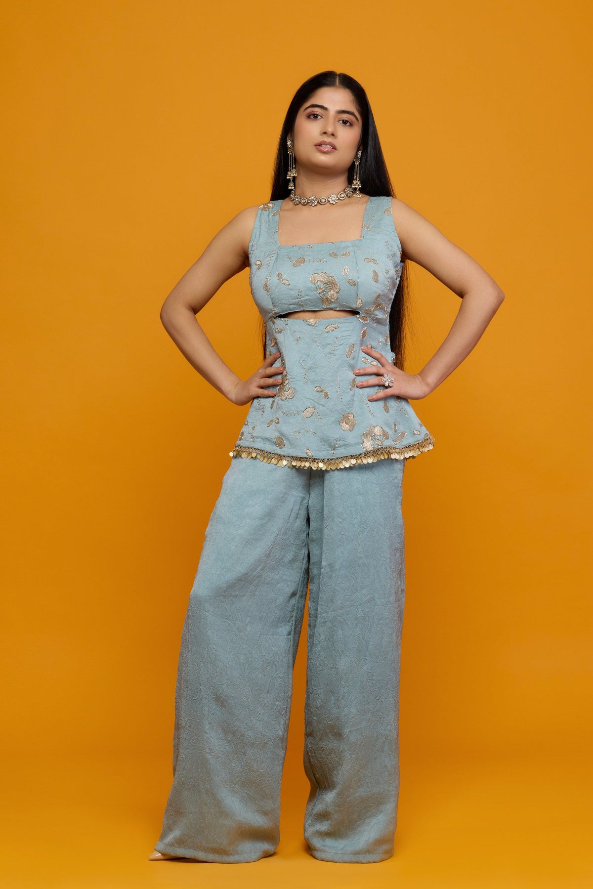Aaira dusty blue zari coin-fringe co-ord set - front view