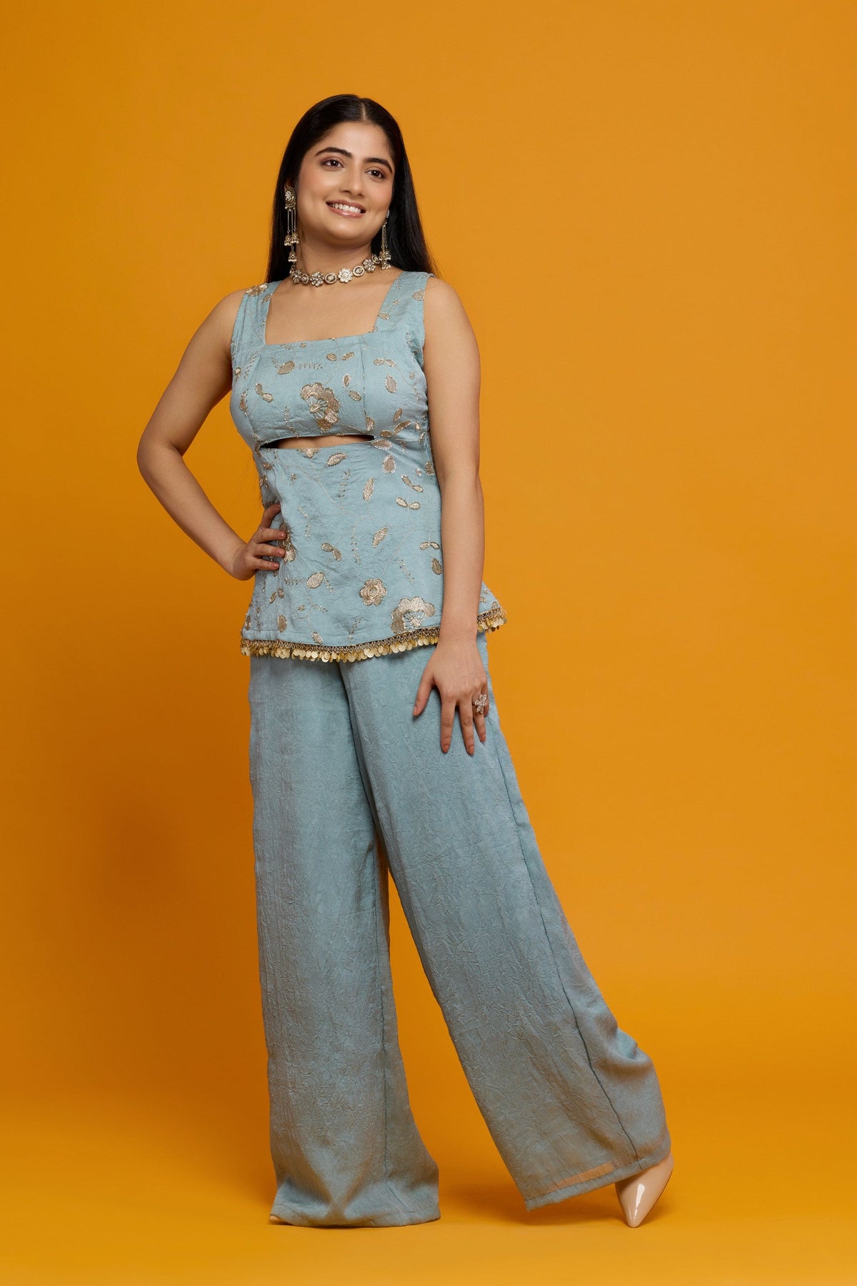 Aaira dusty blue zari coin-fringe co-ord set - side view
