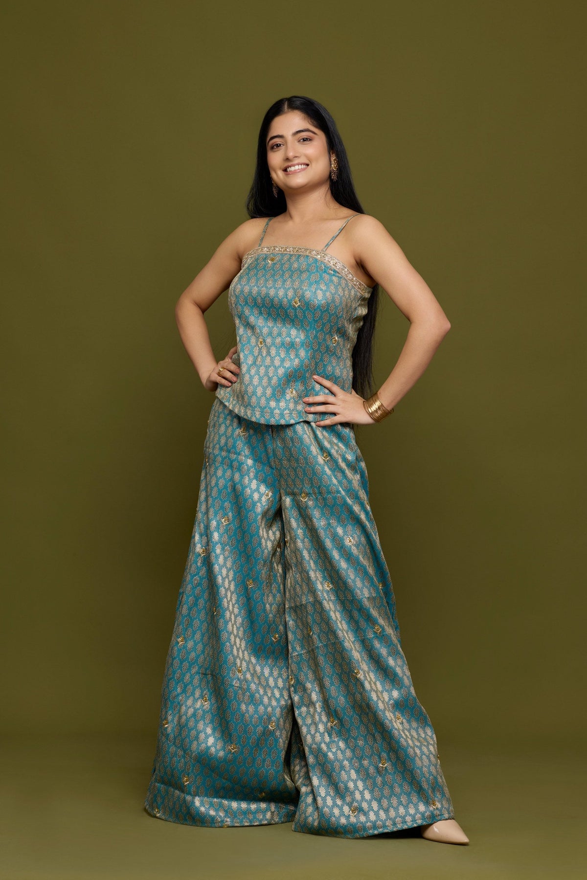 Neelambari teal brocade co-ord set with antique gold motifs - front view