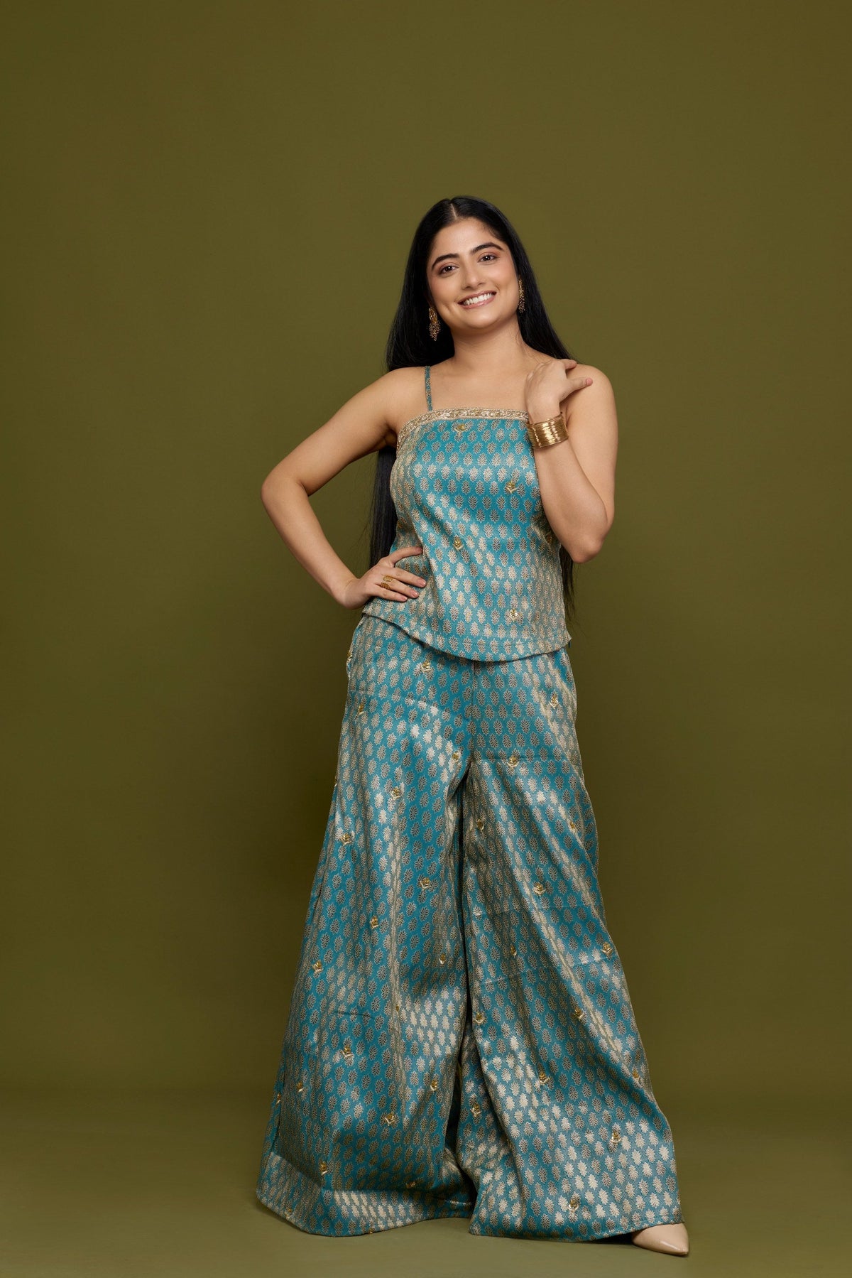 Neelambari teal brocade co-ord set with antique gold motifs - detail view