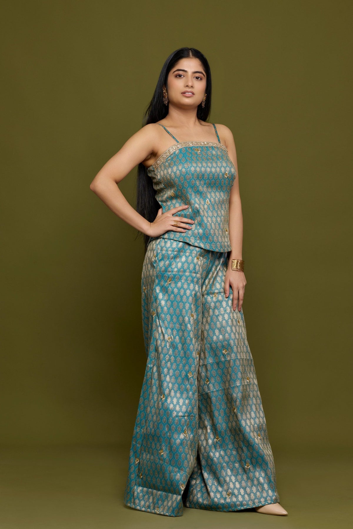Neelambari teal brocade co-ord set with antique gold motifs - side view