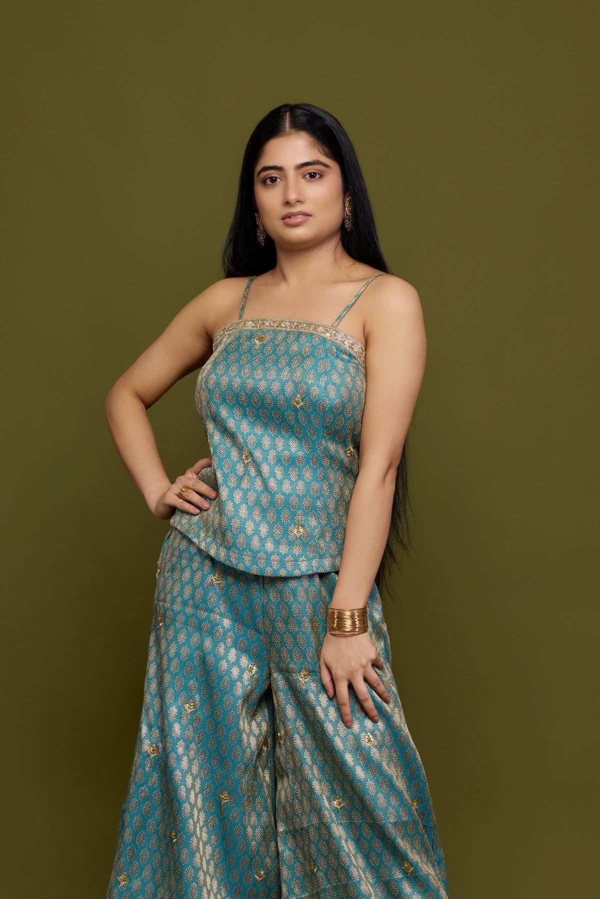 Neelambari teal brocade co-ord set with antique gold motifs - back view