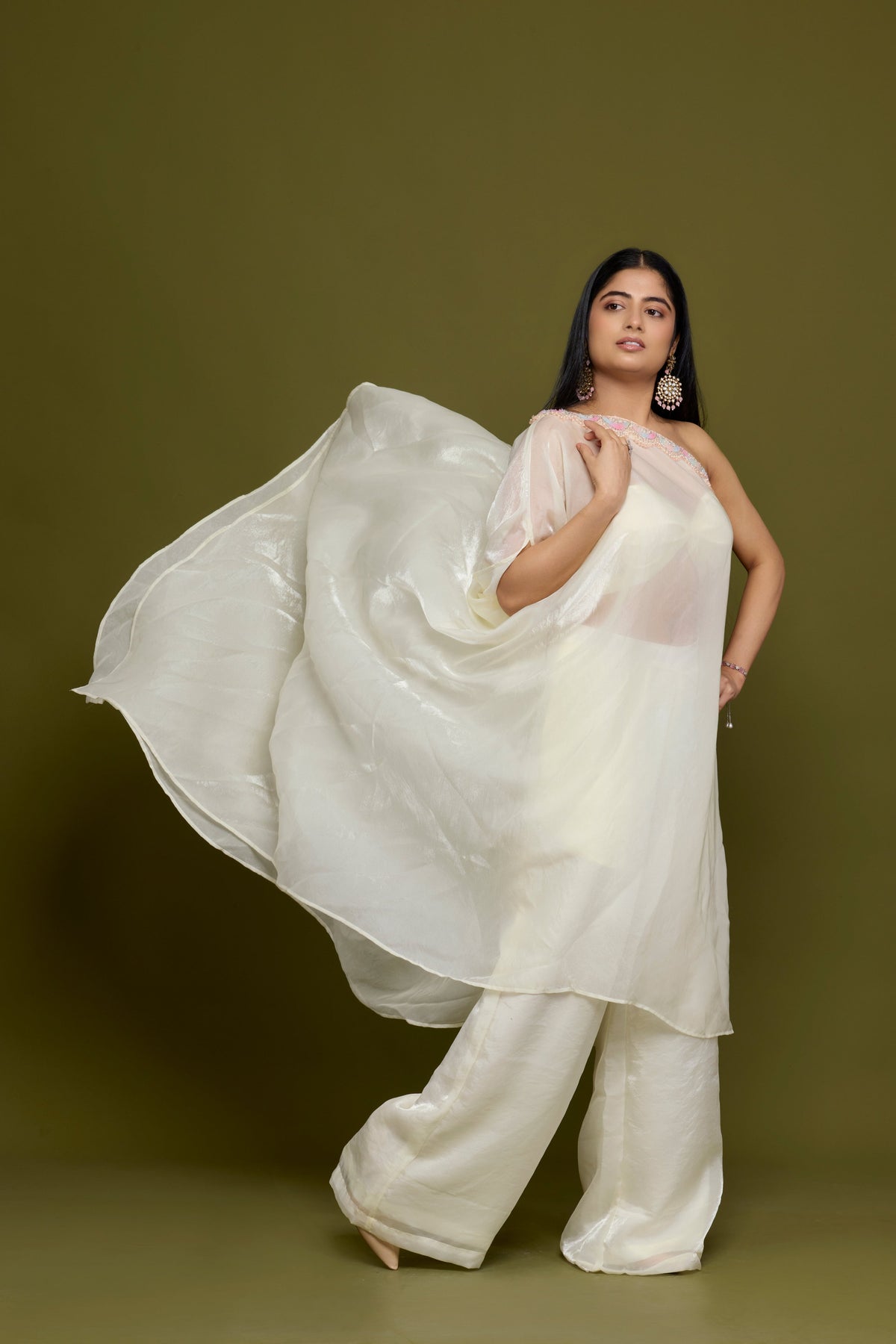 Shweta Pearl ivory drape set - flowing organza detail