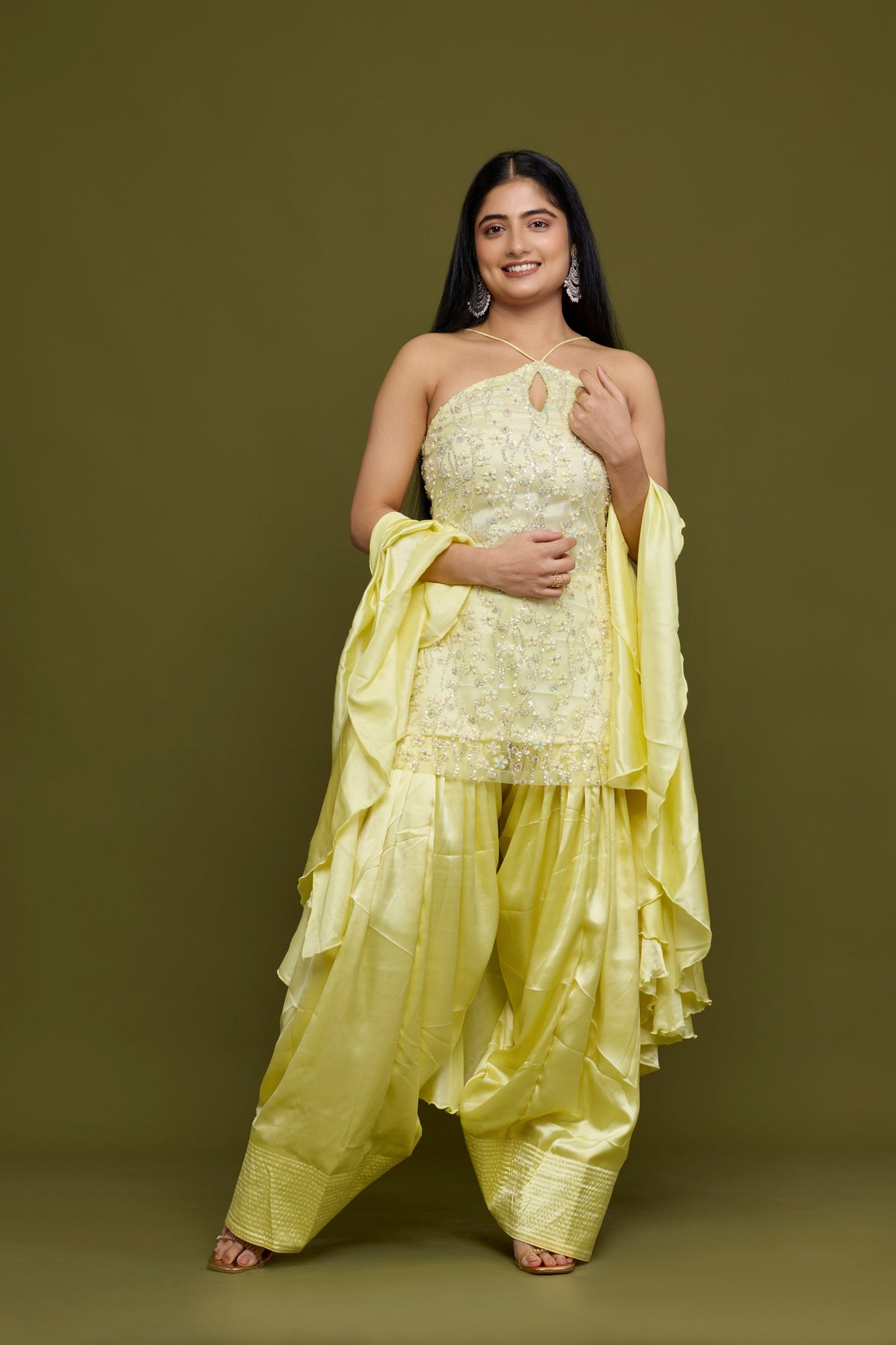 Kanchan butter yellow farshi set - front view