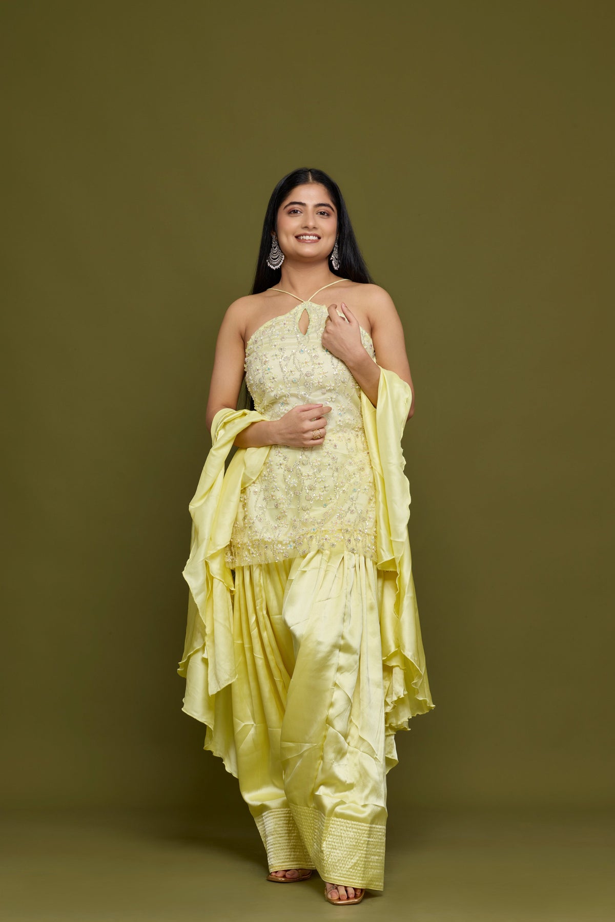 Kanchan butter yellow halter set - three-quarter view