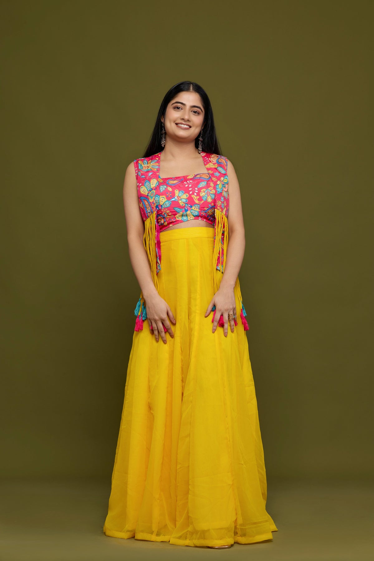 Petambari rani pink floral fringed jacket with mustard yellow skirt - front