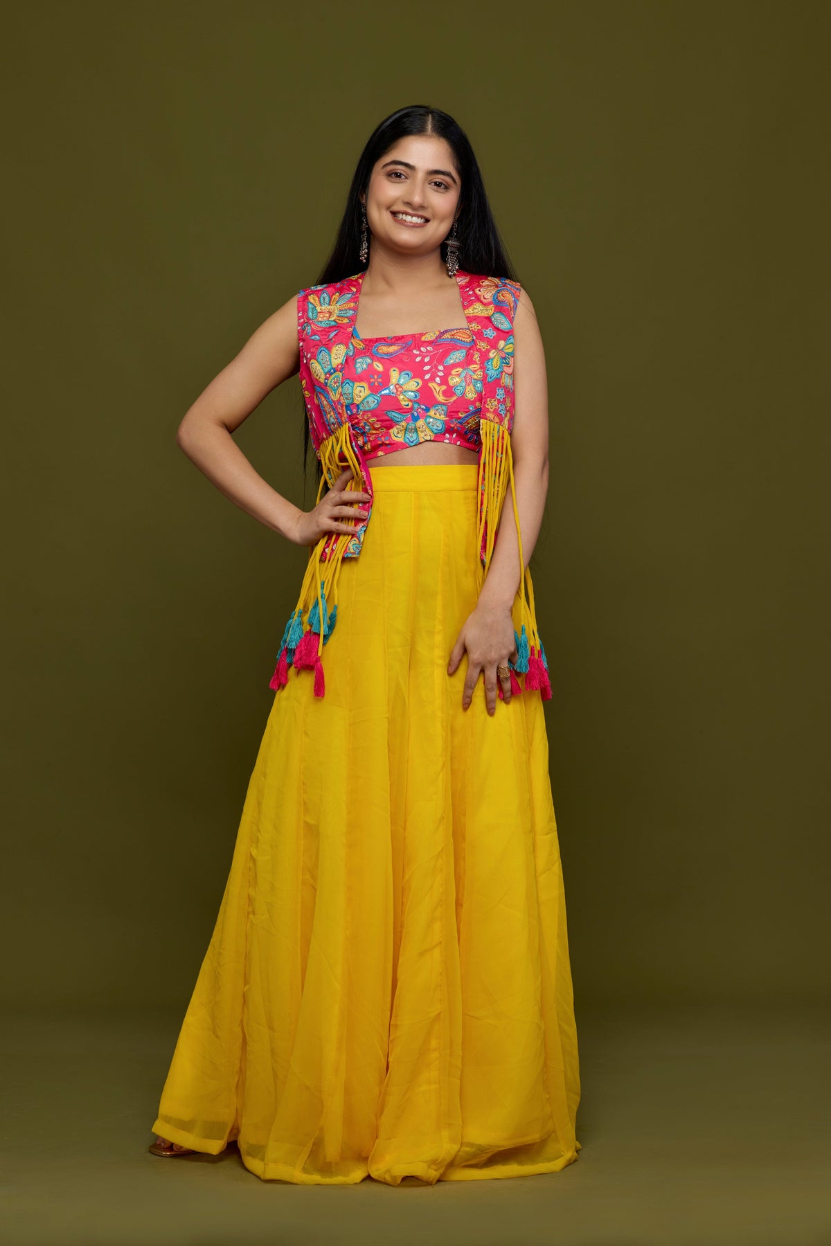 Petambari mustard and pink lehenga - tassel jacket detail