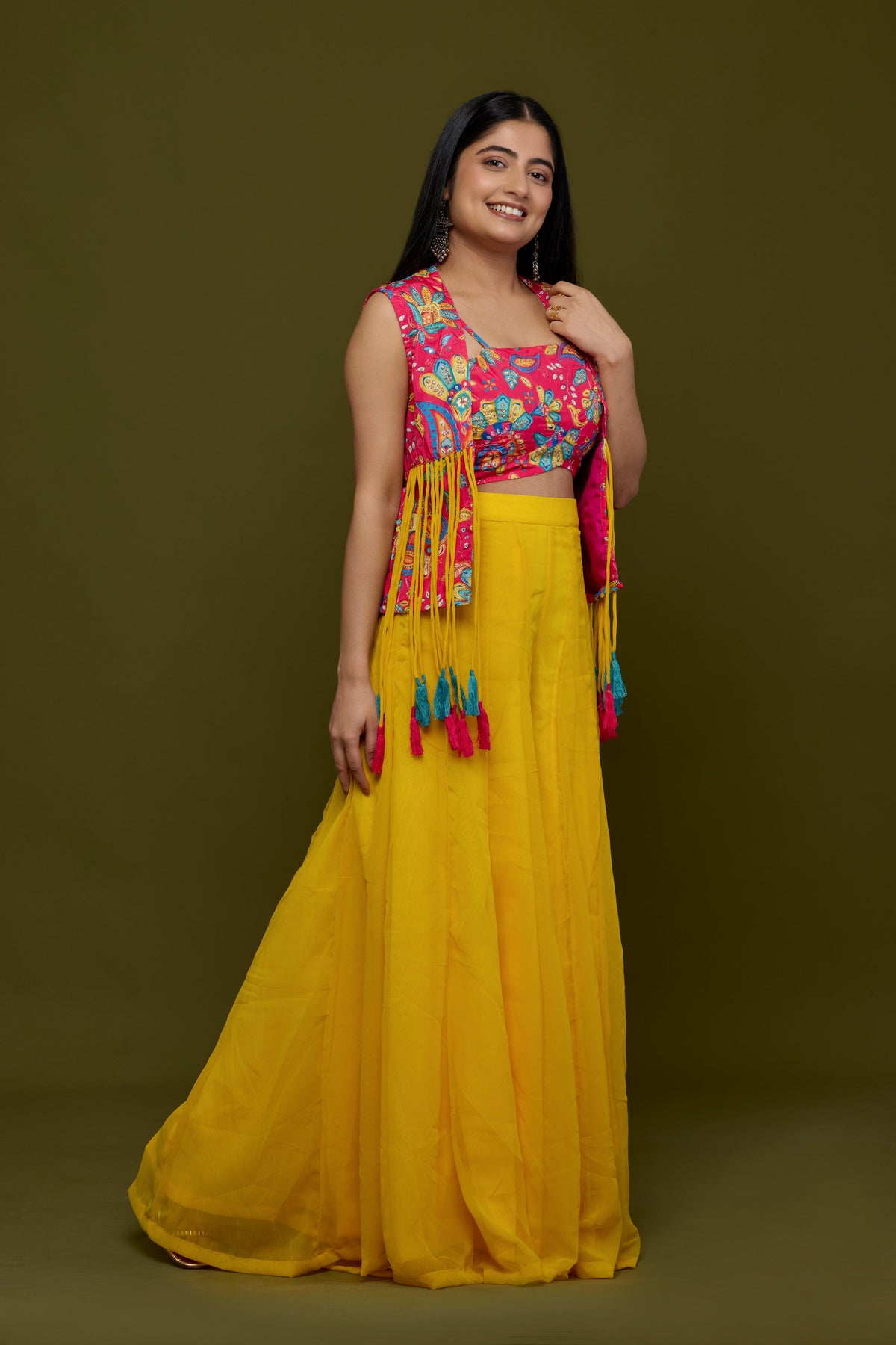 Petambari mustard and pink lehenga - side view