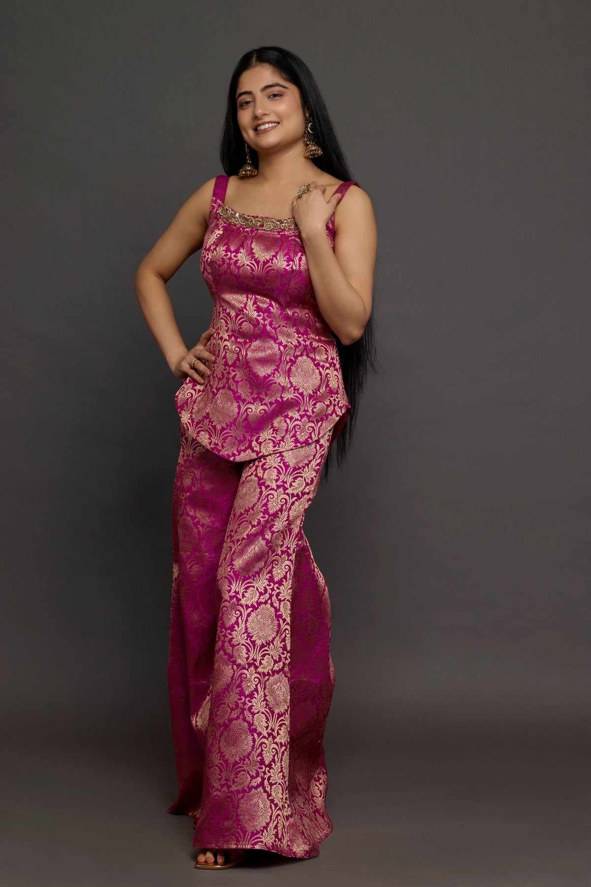 Raktima rani pink brocade co-ord - three-quarter view