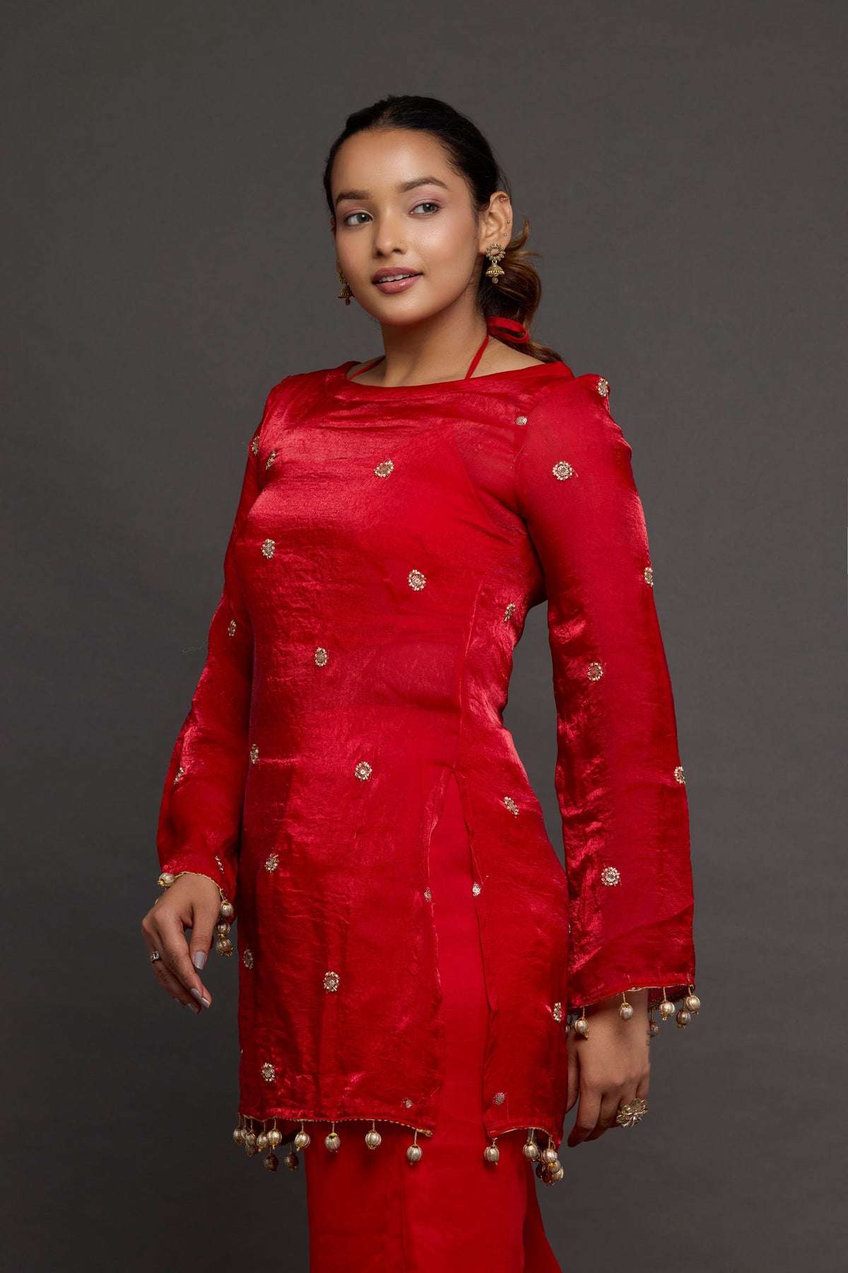 Shakti ruby red kurti - pearl-drop hem and cuff detail