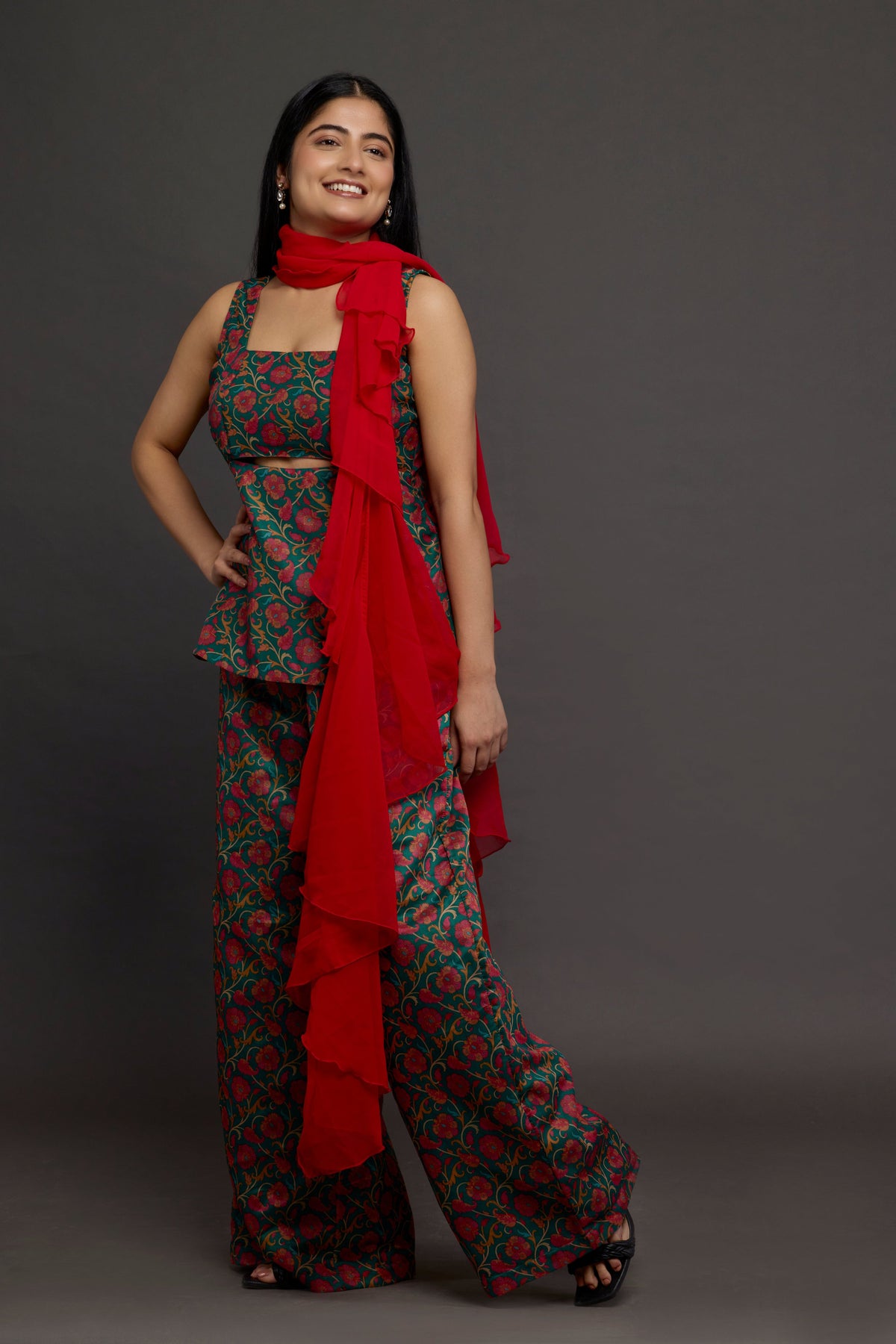 Shyamli emerald brocade peplum set - front view