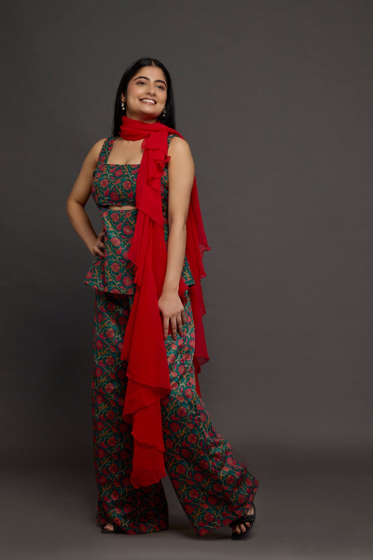Shyamli peplum set - red chiffon drape detail