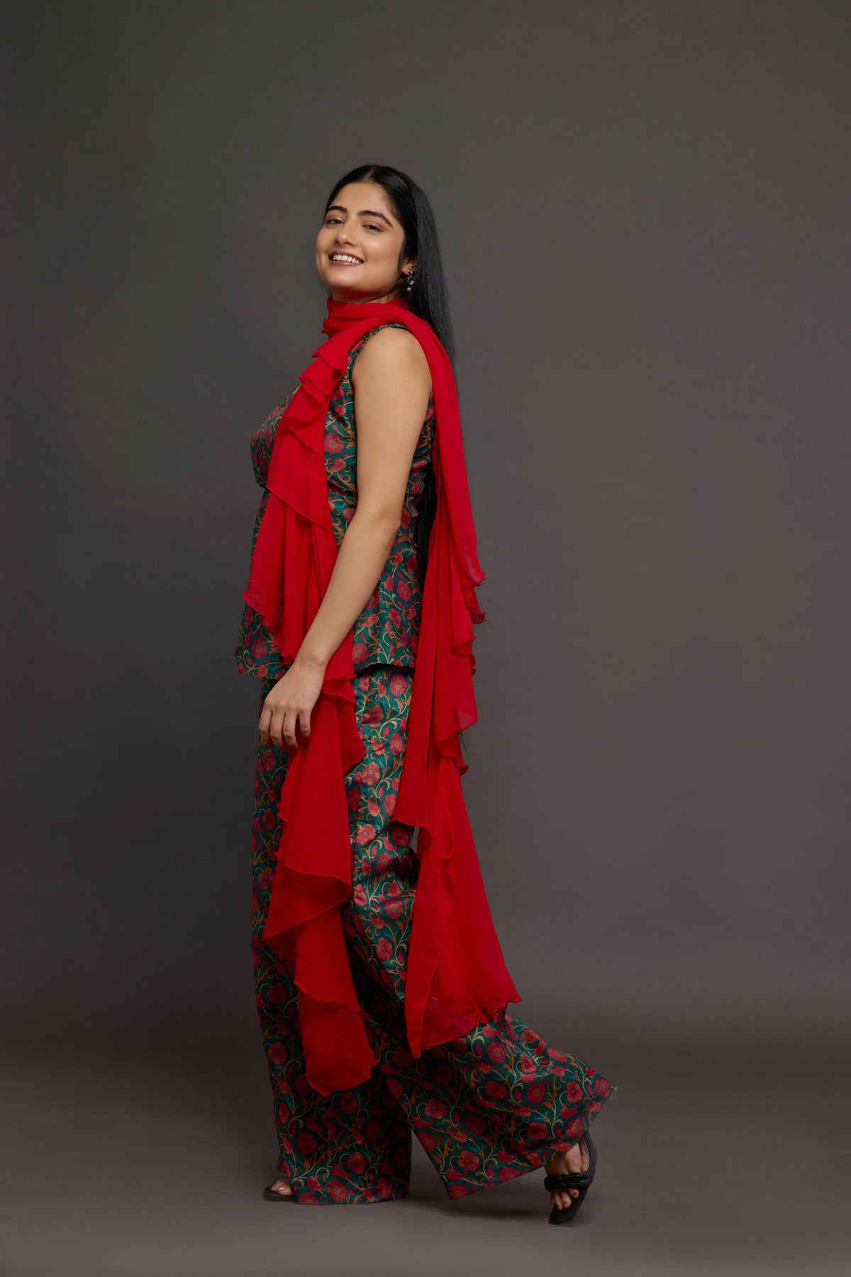 Shyamli emerald brocade peplum set - side view