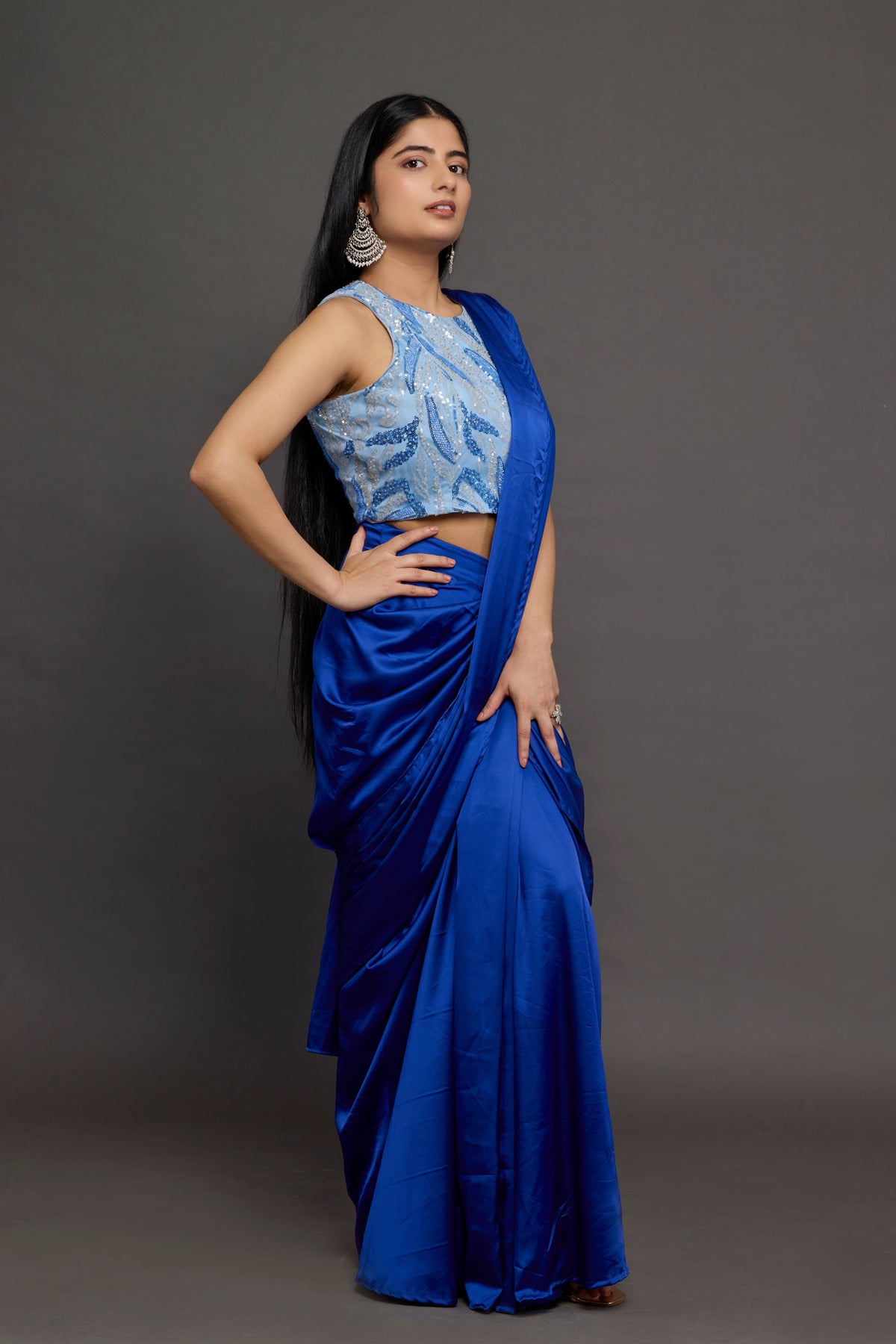 Neelima royal blue draped saree - three-quarter view