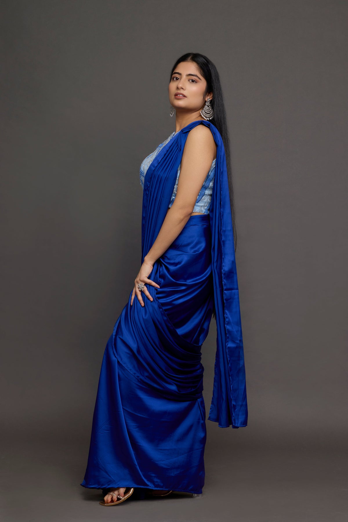Neelima royal blue draped saree - side profile with sequin blouse detail