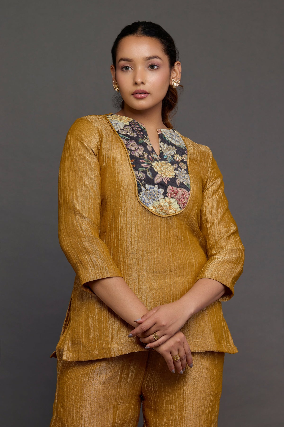 Tapati bronze tissue co-ord - floral brocade neckline detail