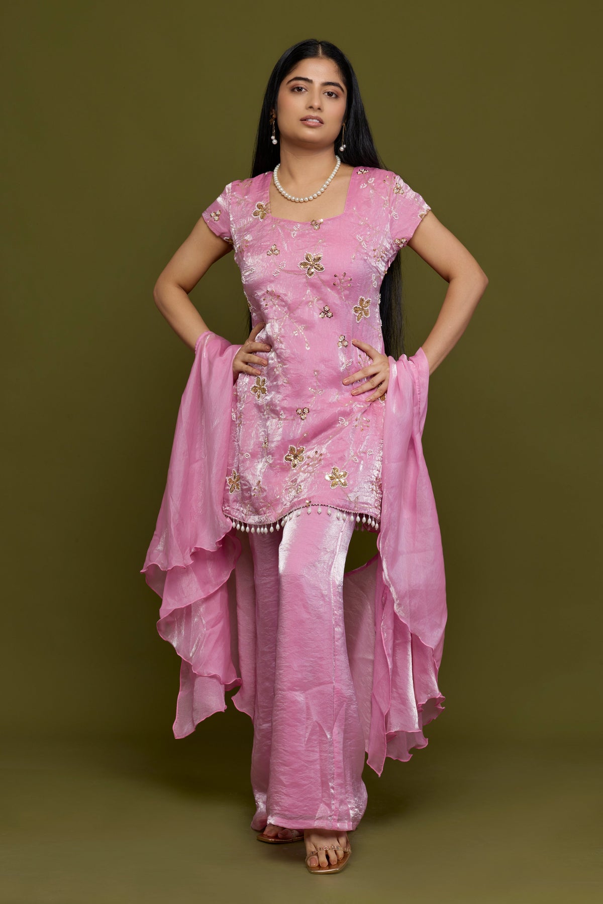 Roshni rose pink tissue kurti with sharara and ruffled organza dupatta - front