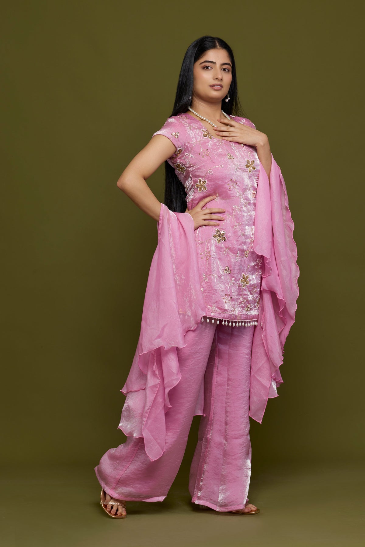 Roshni sharara set - pearl-drop hem and gold sequin embroidery
