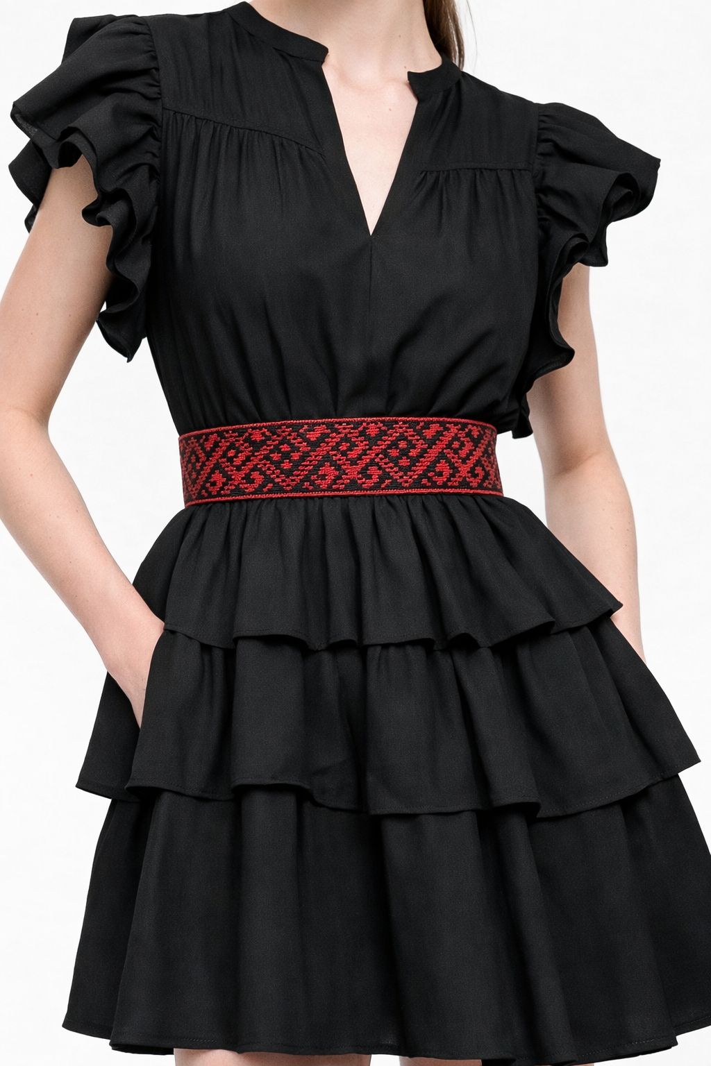 Red Belted Ruffle Dress