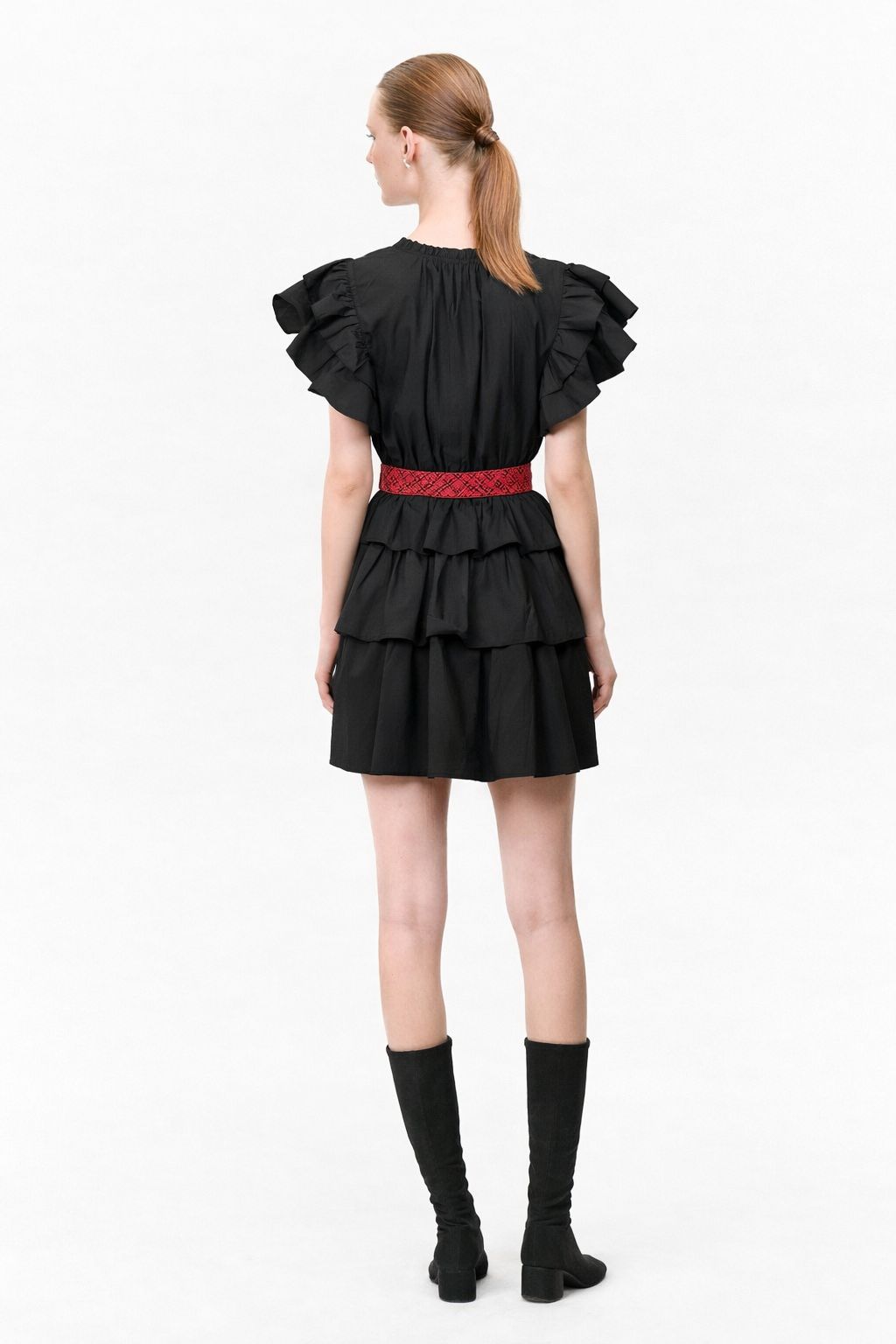 Red Belted Ruffle Dress